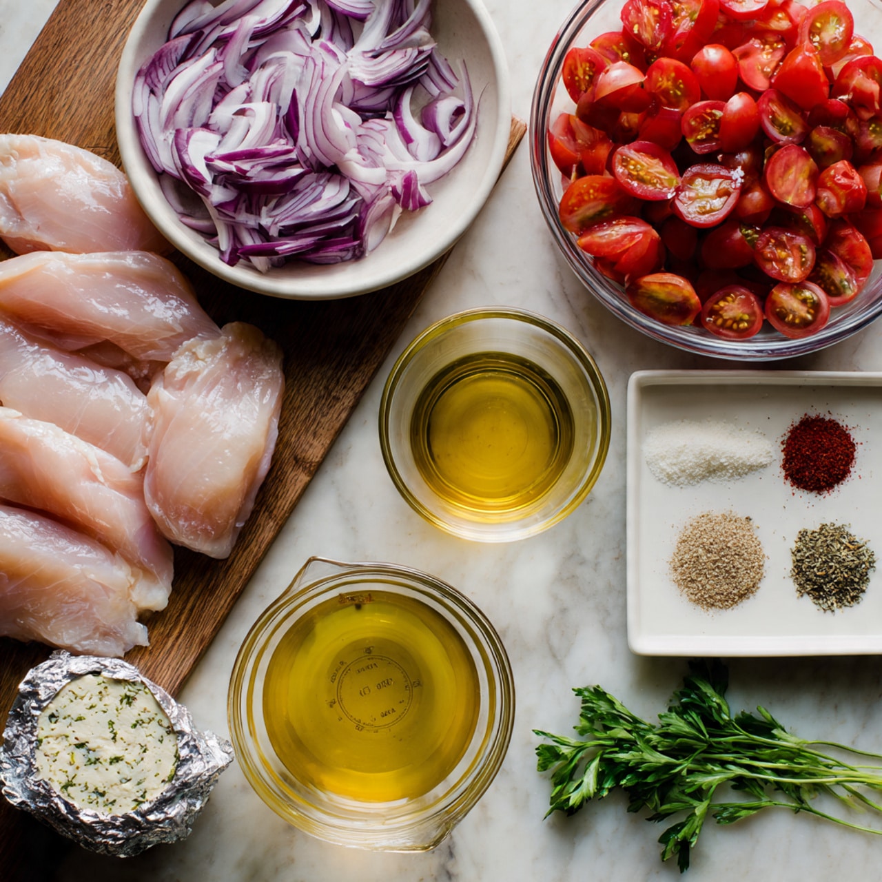 The image shows a round white pan with teal handles on a white marbled surface. Inside the pan are four cooked chicken fillets with a golden brown color, each showing a slightly charred and crispy texture with visible small black pepper flakes and seasoning. The chicken pieces are arranged with two larger ones on the left and top right, and two smaller ones at the bottom right, all sitting on browned cooking residues that add depth to the golden colors. The lighting highlights the juicy and tender look of the chicken, with some shine reflecting off the pan surface. photo taken with an iphone --ar 4:5 --v 7