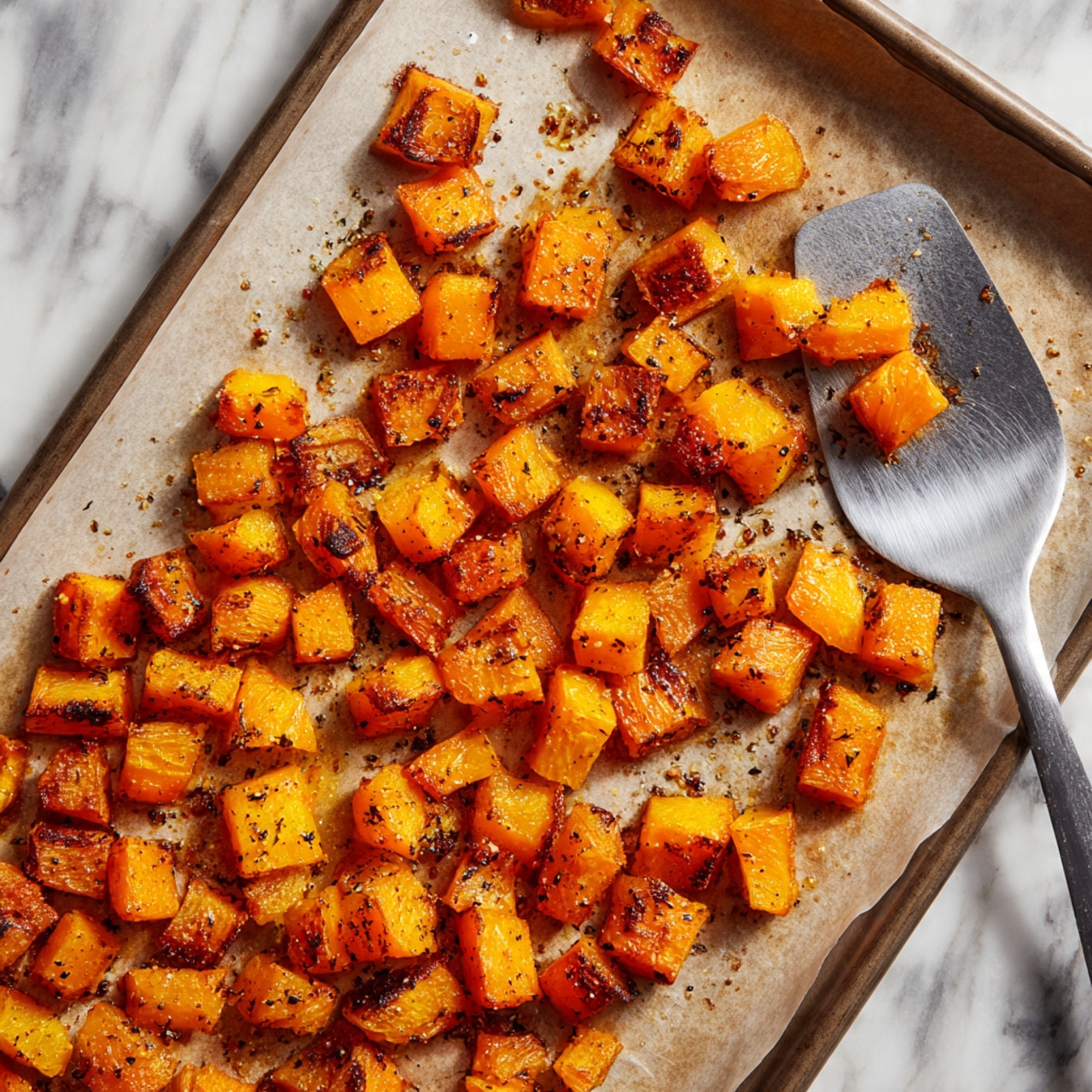 A white pot filled with creamy pasta showing two main layers: light beige penne pasta tubes and orange cubes of sweet potato mixed throughout, with small yellow corn kernels scattered. A wooden spoon rests on the right side inside the pot, partly covered in sauce. Around the pot on a white marbled surface, there are small white bowls holding red chili flakes, sliced green jalapeños, and crumbled white cheese. Fresh green basil leaves are placed near the bowls, adding a touch of color. Photo taken with an iphone --ar 4:5 --v 7
