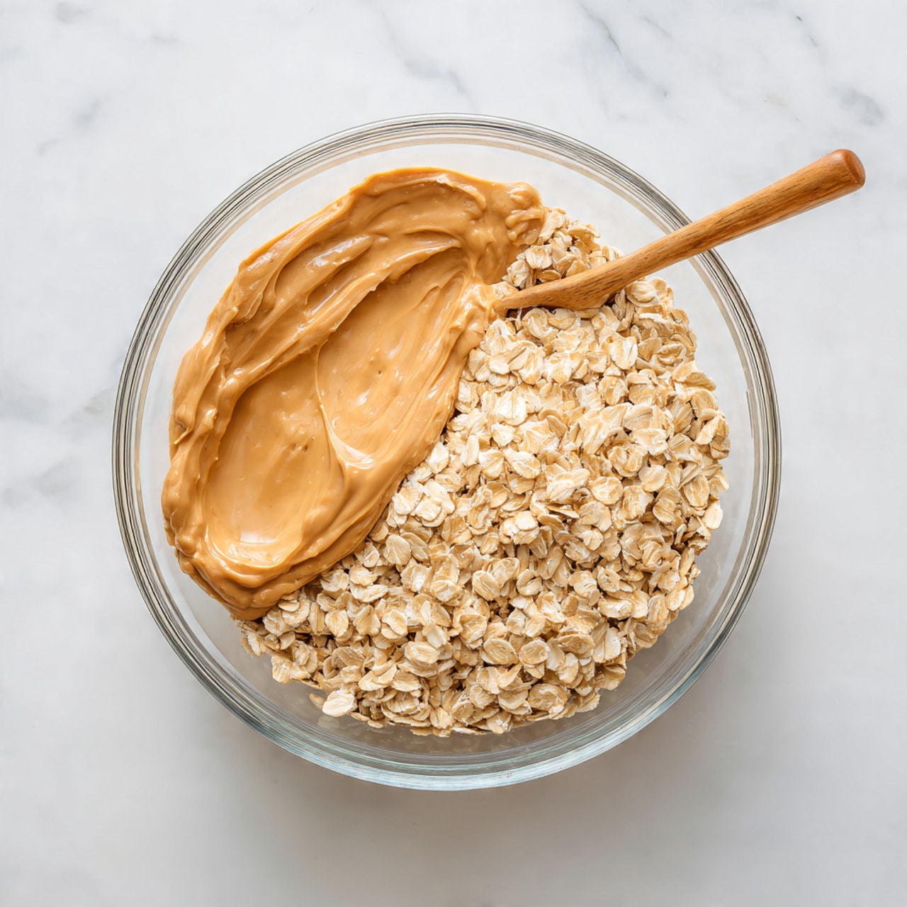 The image shows four small dessert cups made from a crunchy, oat-based crust forming the outer layer with a rough, textured look. Inside each crust is a smooth, white cream filling that fills the cups almost to the top. On top of the cream, there are several bright red raspberries arranged neatly, giving a fresh and vibrant color contrast. One cup in the foreground is being drizzled with golden honey, adding a shiny, sticky layer over the raspberries and cream. A green mint leaf is placed beside the drizzled cup for a pop of color. The cups sit on a light wooden board, which rests on a white marbled surface. White roses are placed around the board, enhancing the clean and fresh presentation. photo taken with an iphone --ar 4:5 --v 7