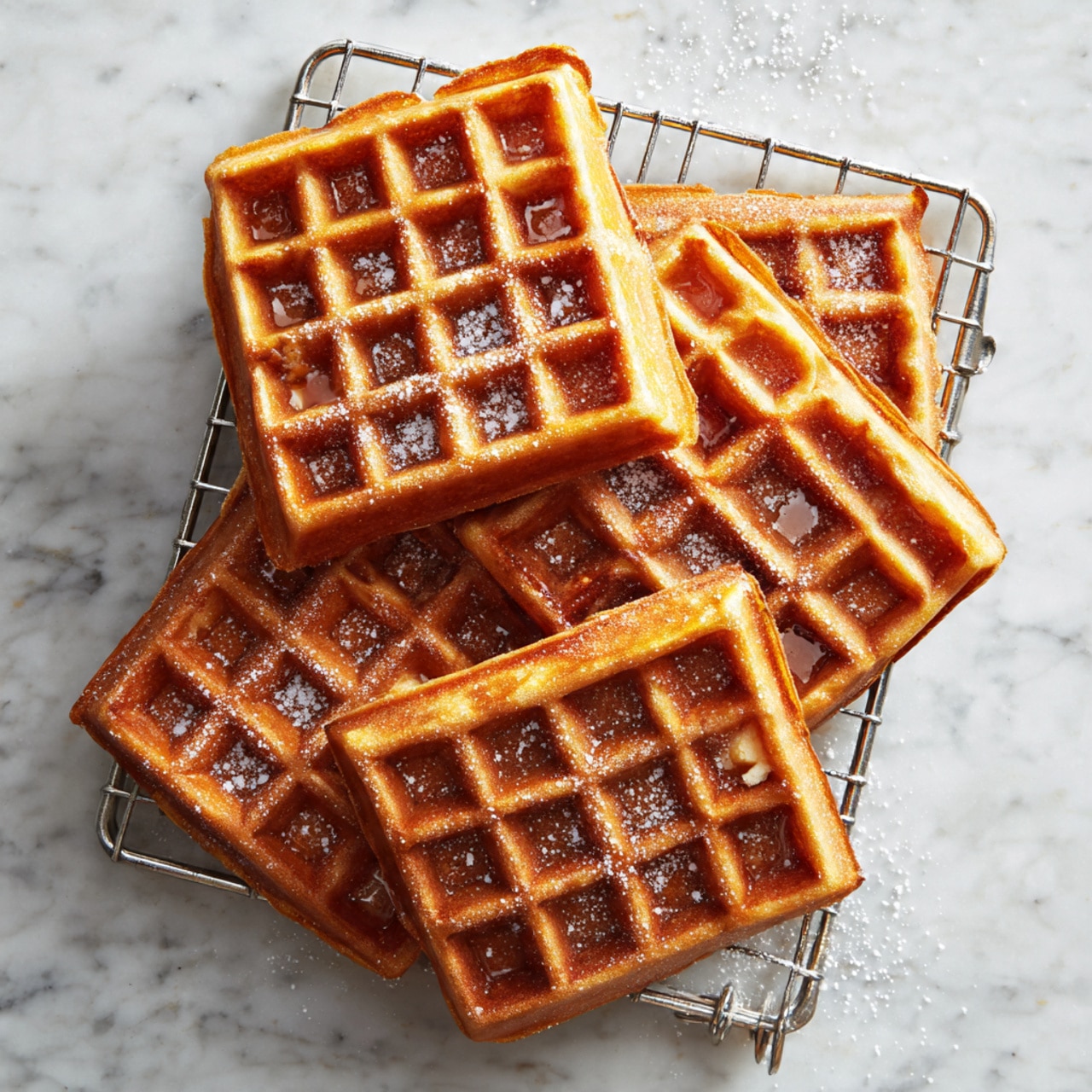 The image shows ten quarter waffle pieces arranged on a metal cooling rack over a white marbled surface. Each waffle piece is golden brown with a light glaze coating, giving a shiny and slightly sticky look. The waffles display a classic grid pattern with square pockets, and their edges are slightly crisp. The glaze covers the surface unevenly, pooling gently in the waffle pockets. The scene is bright and clear, showing texture details vividly. photo taken with an iphone --ar 4:5 --v 7