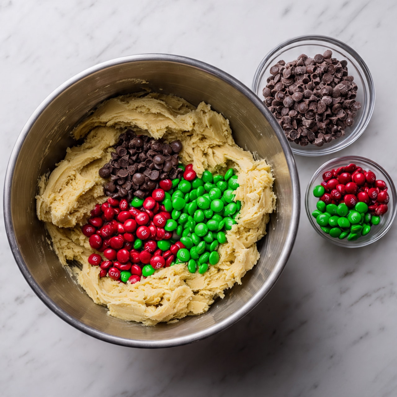 The image shows two stacked cookie sandwiches on a white marbled surface with festive decorations scattered around, like red, green, and white candy pieces. Each cookie sandwich has three layers: the top cookie is light brown with red and green candy bits, the middle filling is thick and colorful with the top sandwich having red and green layers and the bottom sandwich having white and red layers. The cookies themselves are golden brown with candy bits inside, giving a festive feel. In the background, there is a blurry green Christmas tree with lights creating warm glowing orbs of yellow and red. photo taken with an iphone --ar 4:5 --v 7