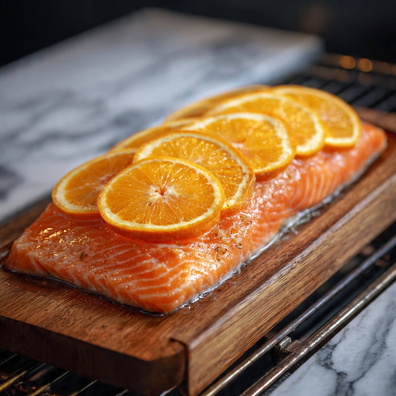 A large, thick salmon fillet with a smooth, shiny orange surface is placed on a wooden plank, showing its grain texture beneath. There are six thin round slices of bright orange citrus fruit neatly spread across the top of the salmon in two overlapping rows. The wooden plank with the salmon rests on a black metal grill with thick rods. The background is a white marbled texture. photo taken with an iphone --ar 4:5 --v 7