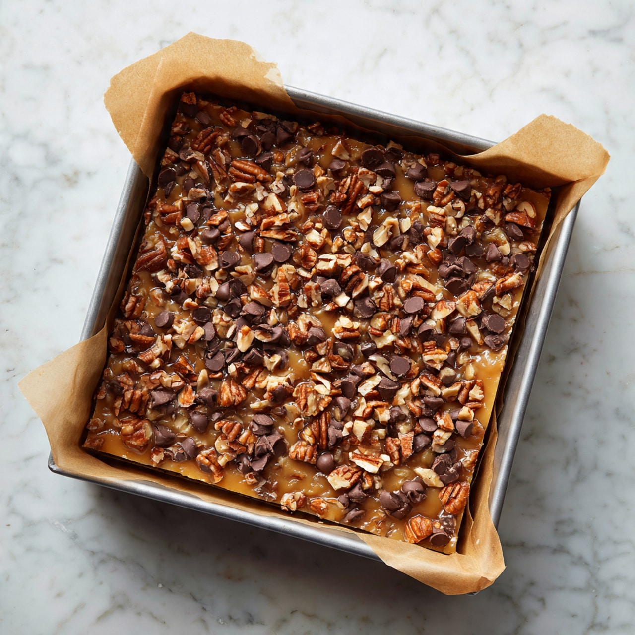 The dessert is a rectangular bar in a metal baking pan lined with brown parchment paper that extends above the edges. The bar has a light golden base layer, topped with a thick layer loaded with dark brown pecan halves and small dark chocolate chips, scattered evenly and mixed well. The topping appears sticky and glossy, with a slight shine that catches the light. The pan sits on a white marbled surface, giving a clean and bright background. photo taken with an iphone --ar 4:5 --v 7