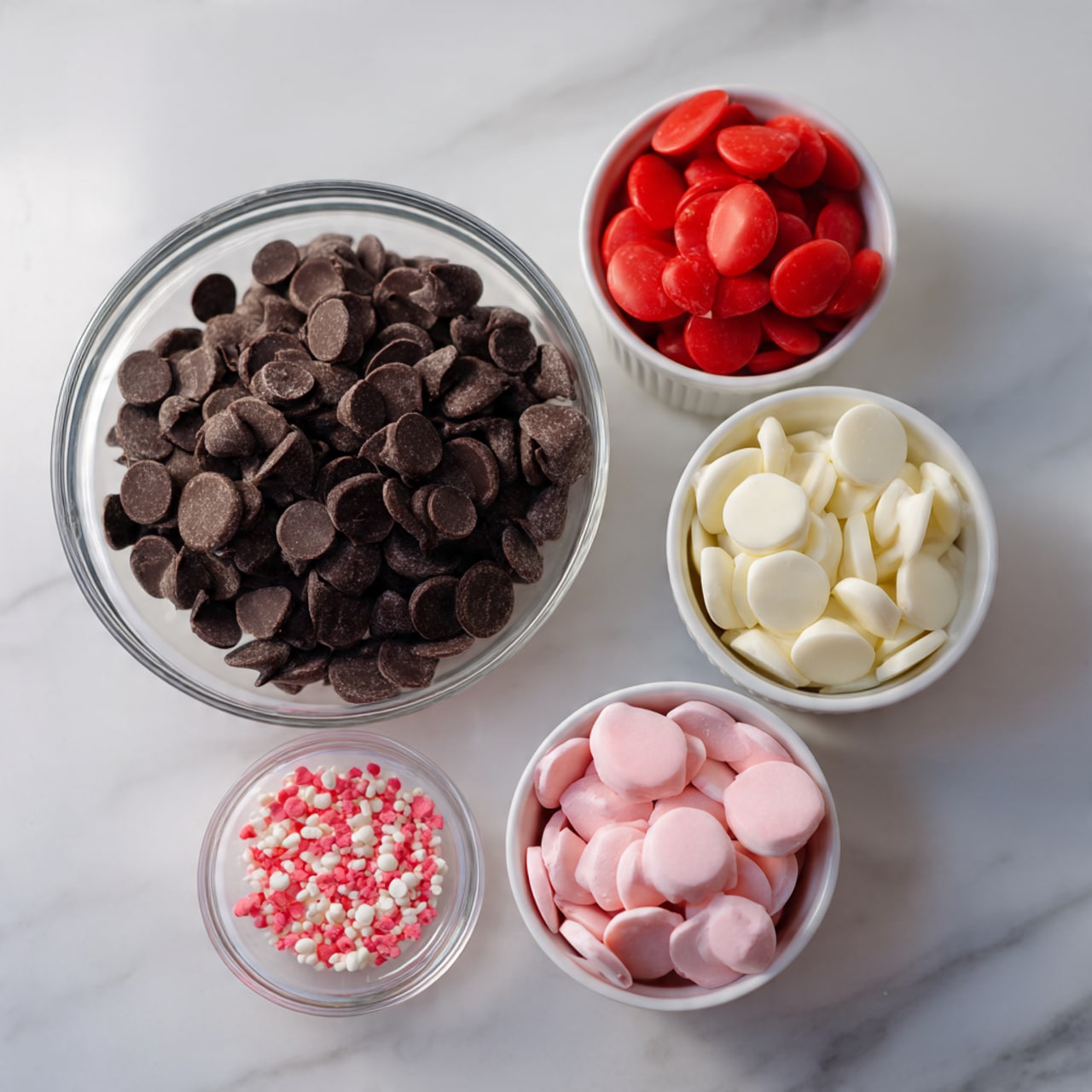 Six heart-shaped chocolate cookies lie on a soft pink background with white and pink blurry heart shapes. Each cookie has a smooth dark brown base and is decorated with three layers of drizzle in bright red, light pink, and white icing, applied in thin, wavy lines that cross the tops. Small round sprinkles in white, pink, and red are scattered on the cookies and around them on the background, adding texture and color contrast. The arrangement is casual, with some cookies tilted and spaced unevenly. photo taken with an iphone --ar 4:5 --v 7