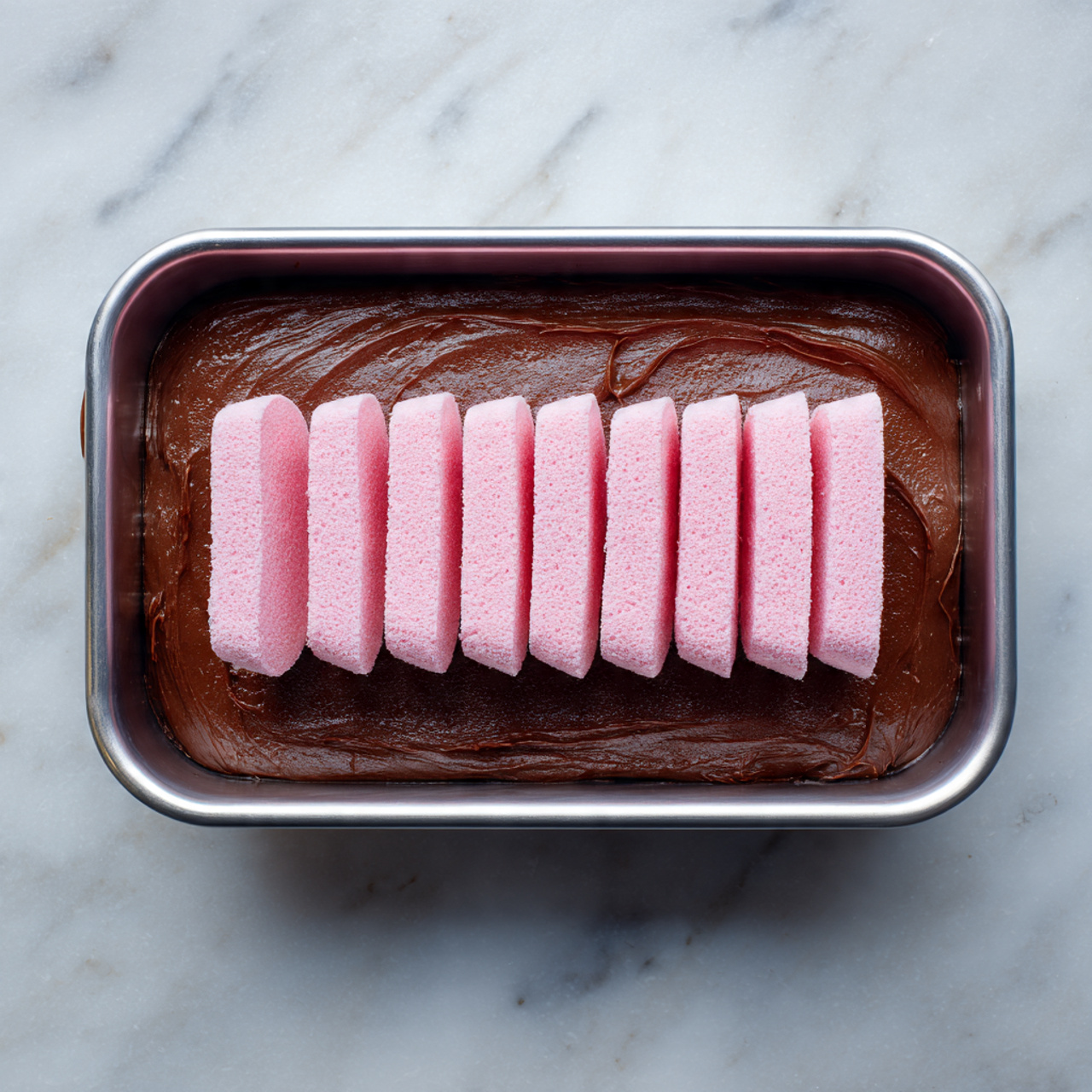 A rectangular metal baking pan filled with a thick, dark brown chocolate batter spread evenly on the bottom. On top, there is a single layer of bright pink cake slices, arranged side by side in one row across the width of the pan. The cake pieces have a soft, spongy texture and the batter looks smooth and creamy. The pan is set on a white marbled surface. Photo taken with an iphone --ar 4:5 --v 7