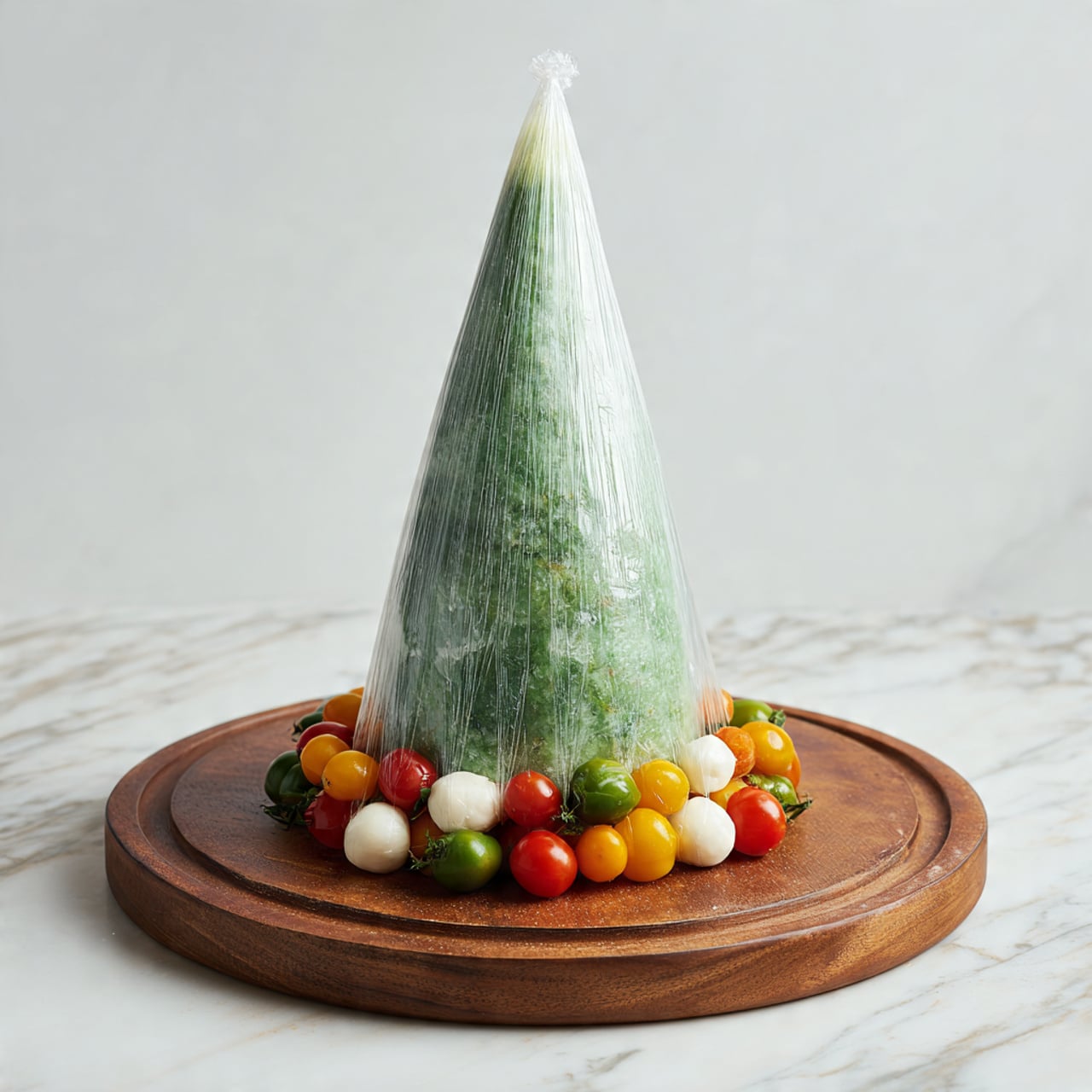 A tall, cone-shaped green food item wrapped tightly in clear plastic wrap stands on a round wooden board. Around the base of the cone, there is a colorful ring of small round vegetables and pickled peppers, including red, yellow, green tomatoes, and white cheese balls. The wooden board is placed on a white marbled surface with a clean white background, making the colors of the vegetables and the green cone stand out clearly. photo taken with an iphone --ar 4:5 --v 7