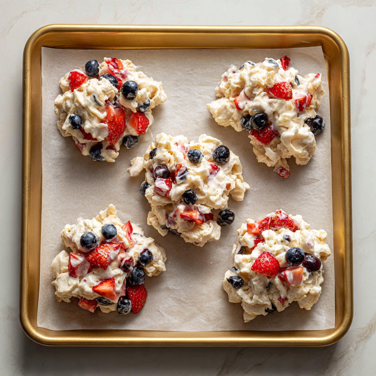 The image shows four pieces of a dessert with two main layers on each piece. The bottom layer is thick and white with patches of red mixed in, giving a soft, slightly bumpy look. On top of this is a glossy dark chocolate layer, irregularly spread and slightly melted around the edges. The chocolate layer is sprinkled with small chopped brown nuts and tiny white flakes. The pieces are placed close together on a white plate, which sits on a white marbled surface. photo taken with an iphone --ar 4:5 --v 7