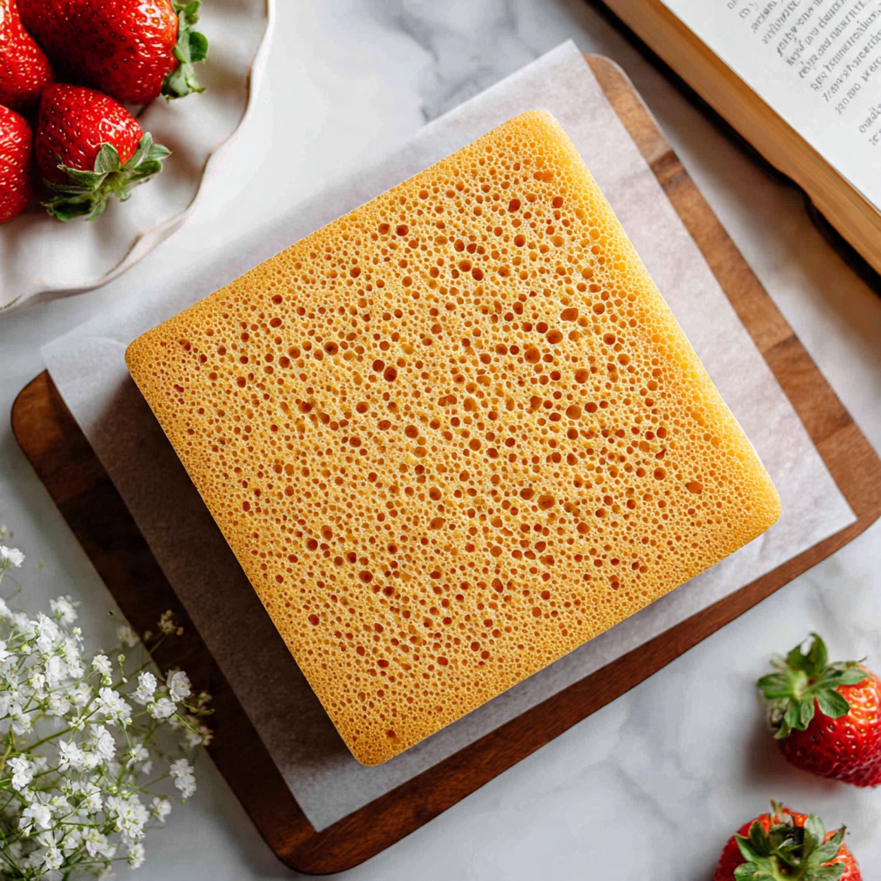 The image shows a single square cake layer with a golden brown crust and light beige crumb. The cake has many small holes evenly spread across its surface, giving it a textured look. The cake rests on a white parchment paper placed on a wooden table. Around the cake, there are some strawberries and a partially visible open book in the corner, all set on a white marbled background. Photo taken with an iphone --ar 4:5 --v 7