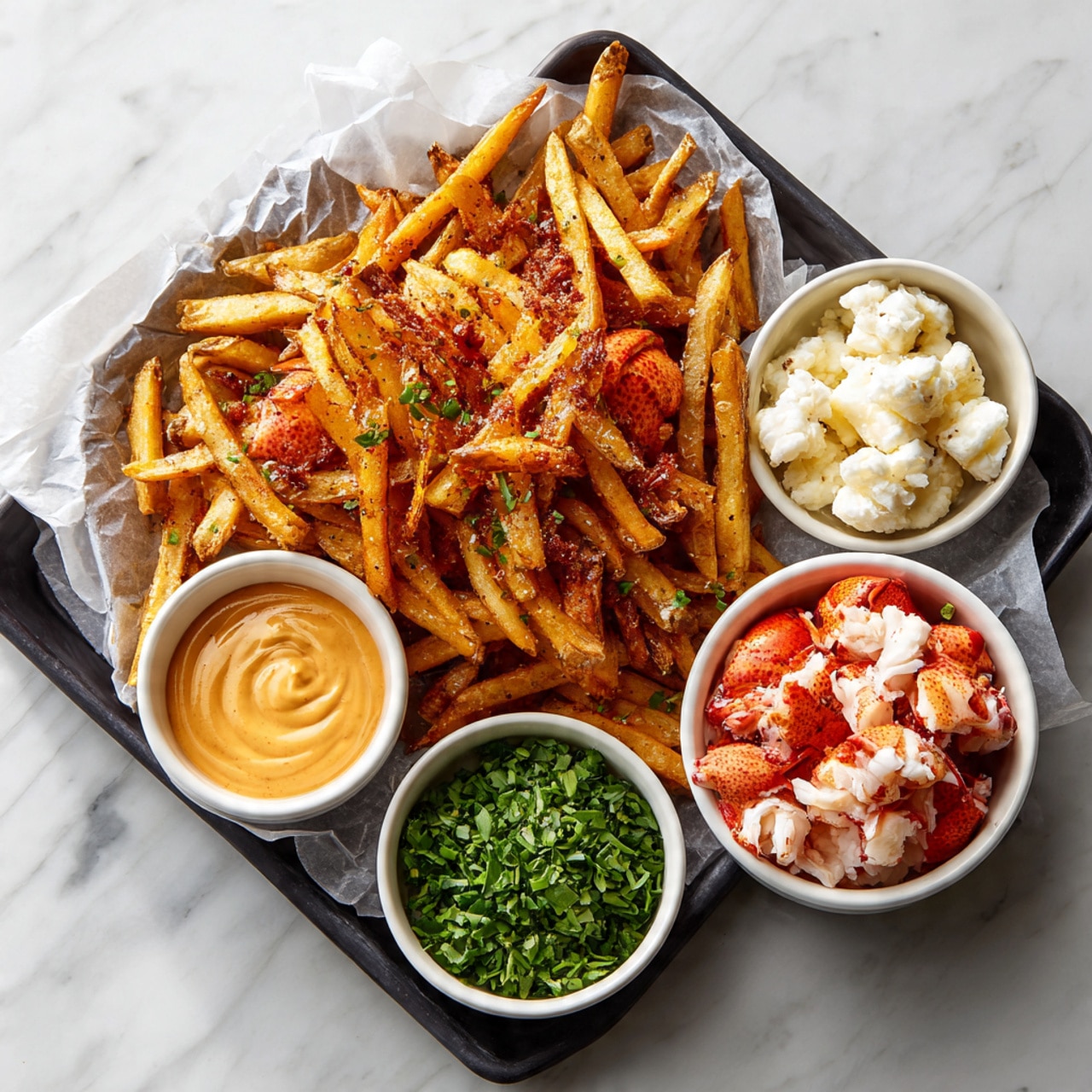 A black cast iron skillet lined with crumpled white parchment paper holds a dish with three main layers. The bottom layer is a heap of golden brown fries with a slightly crispy texture, filling most of the skillet. On top of the fries is a creamy light beige sauce evenly spread over them. Scattered over the sauce are chunks of white cheese curds with a smooth, soft texture and pieces of bright red lobster meat with white and red contrast. The whole dish is sprinkled with finely chopped green chives. Around the skillet on a white marbled surface are two small white bowls, one with extra white cheese curds and the other with chopped chives, and a white sauce pitcher with a light beige sauce inside. photo taken with an iphone --ar 4:5 --v 7
