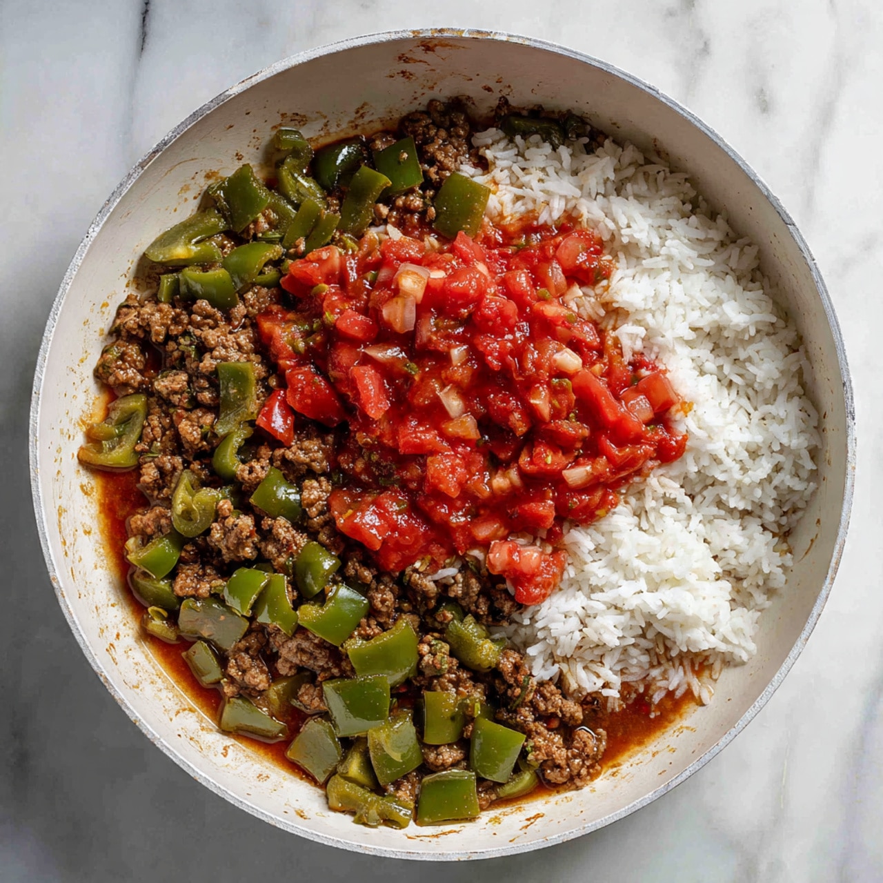 A white pan filled with a cooked mix of ground meat, white rice, chopped green bell peppers, and diced red tomatoes, all blended together with a soft, slightly saucy texture. The green bell peppers and red tomatoes add bright pops of color among the brown meat and white rice, creating a rich, hearty dish. The pan has a wooden handle and sits on a white marbled surface with a blue-striped cloth nearby. To the side, there is a white round plate with chopped fresh green herbs and a wooden pepper grinder. Photo taken with an iphone --ar 4:5 --v 7