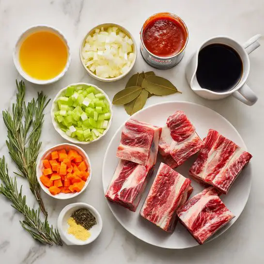 The image shows various ingredients arranged neatly on a white marbled surface. On the right side, there is a white plate with eight raw beef ribs, each with a red and white marbled texture. Around the plate, there are small white bowls containing chopped onions, diced carrots, chopped celery, minced garlic, and grated cheese, each showing distinct colors and textures: white for onions, bright orange for carrots, light green for celery, pale yellow for garlic, and off-white for cheese. There is a small plate with dried herbs and two bay leaves placed near fresh rosemary sprigs. Additionally, there are cans of tomato sauce and broth, a small bowl of tomato paste, and a white measuring cup filled with a dark liquid. The scene is clean and organized, with a focus on the fresh and natural state of all ingredients, photo taken with an iphone --ar 4:5 --v 7