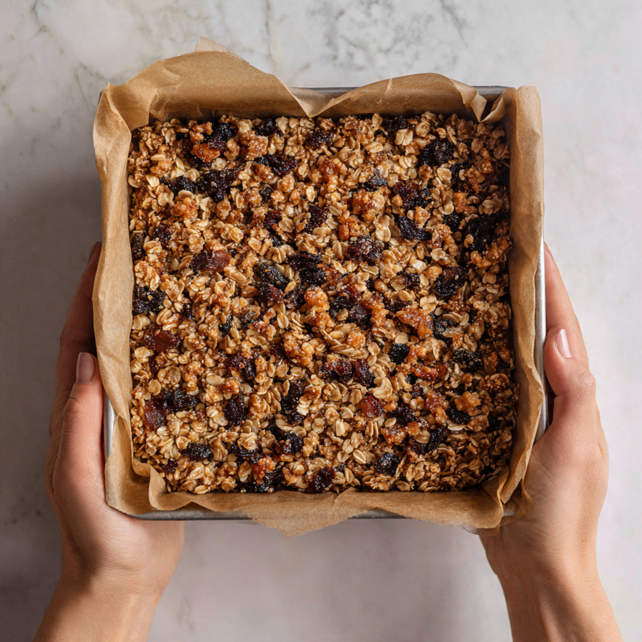 A square baking pan lined with brown parchment paper holds two layers of food. The bottom layer is made of light brown oats, packed evenly to fill the pan. On top, there is a thick, dark layer of mixed dried fruit and nuts, with visible pieces of raisins and other small dark fruits, giving it a sticky texture. The surrounding area outside the pan shows a white marbled texture surface. Photo taken with an iphone --ar 4:5 --v 7