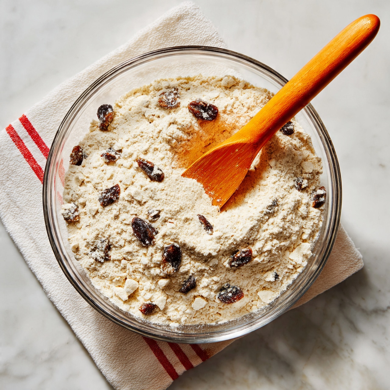 A clear glass bowl filled with a dry mixture of white flour and small dark brown raisins scattered evenly on top, with some flour dust covering the raisins. A bright orange spatula with a wooden handle is placed inside the bowl, resting near the edge. The bowl is set on a white marbled surface, and a white cloth with red stripes is partially visible next to it photo taken with an iphone --ar 4:5 --v 7