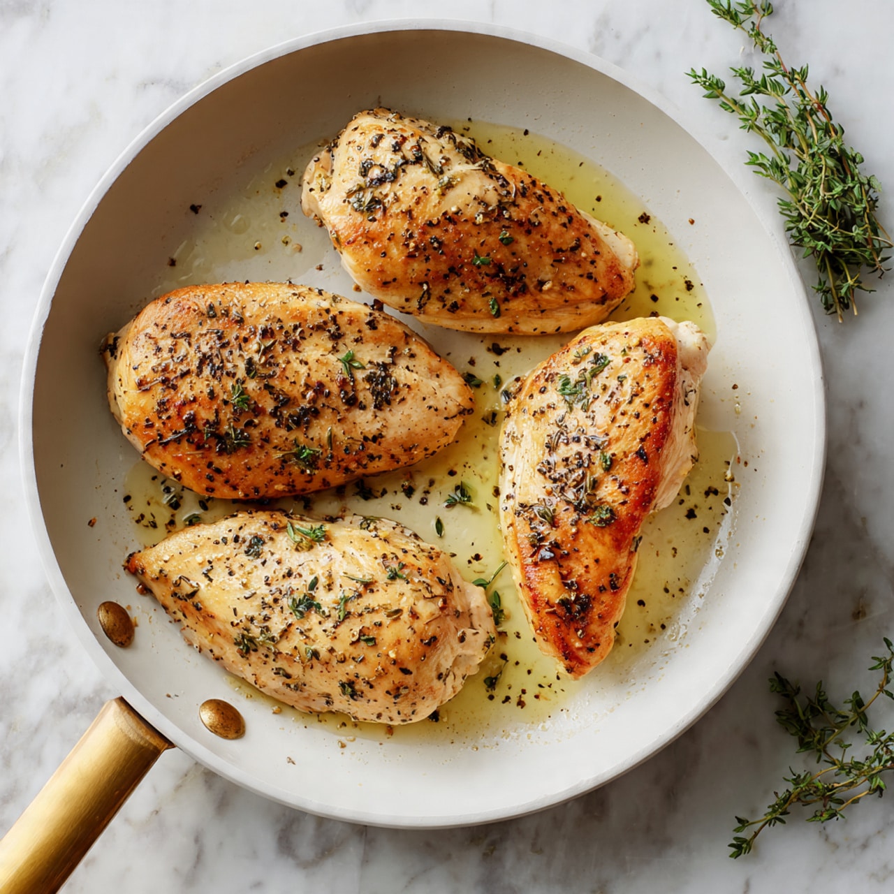 The image shows four pieces of cooked chicken in a white frying pan with a golden handle. Each piece is seasoned with black pepper and herbs, showing a golden brown and slightly crispy texture on the outside. The chicken pieces are spread out with some oil visible around them, giving a shiny look. The pan rests on a white marbled surface with a few small sprigs of green herbs nearby. Photo taken with an iphone --ar 4:5 --v 7