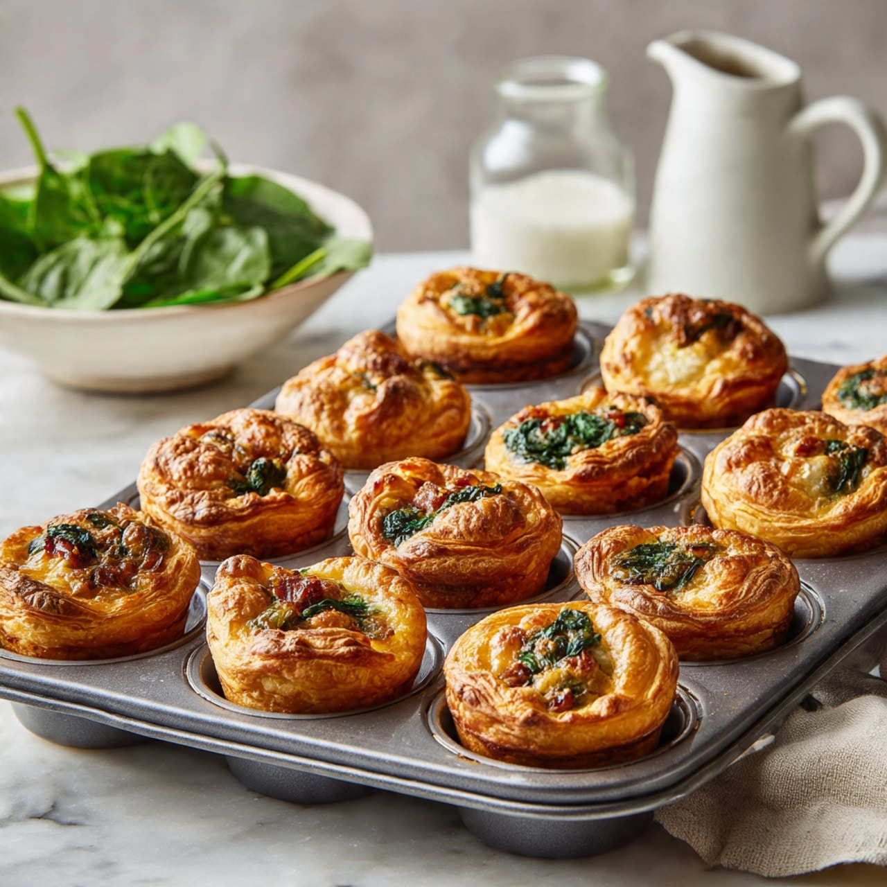 A close-up of a single small puff pastry with one cut piece showing three visible layers: the top flaky golden-brown crust, a creamy white cheese layer mixed with dark green spinach, and small pieces of browned bacon on top of the spinach layer, all inside the pastry. Additional whole pastries with the same golden appearance surround the main piece on a wooden board lined with sheet music paper, resting on a white marbled surface. In the blurred background, a white bowl filled with green leaves is partially visible. Photo taken with an iphone --ar 4:5 --v 7