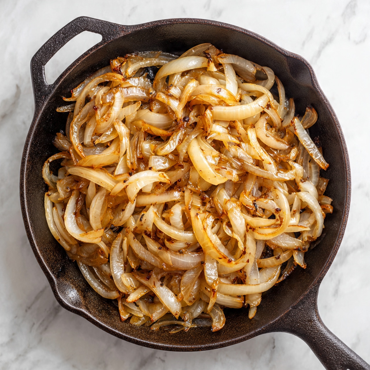 A dark brown cast iron pan filled with one layer of caramelized sliced onions spread evenly inside. The onions have light golden to medium brown colors with soft, slightly shiny textures, showing they are cooked and tender. The pan has a rough, used look with a handle extending straight towards the bottom edge. It sits on a white marbled surface. photo taken with an iphone --ar 4:5 --v 7