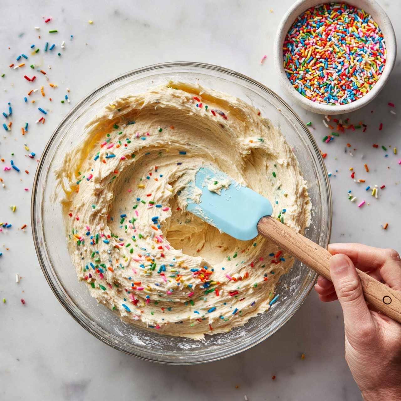 A clear glass bowl sits on a white marbled surface, filled with light beige thick batter mixed with colorful rainbow sprinkles scattered mostly on the sides and partially folded in the middle. A woman's hand holds a light blue spatula with a wooden handle, stirring the batter gently. In the top right corner, a small white bowl is filled with the same bright, multi-colored sprinkles spilling slightly onto the marbled surface. The texture of the batter looks fluffy and creamy. Photo taken with an iphone --ar 4:5 --v 7