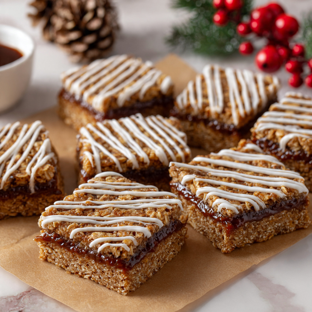 The image shows several square oat bars arranged closely together on a piece of brown parchment paper that rests on a rustic wooden board. Each oat bar has two visible layers: a thick golden-brown oat layer on top and bottom with a darker brown jam-like filling in the middle. The top layers are decorated with white icing drizzled in diagonal lines across each bar. The background features a white marbled texture with a small decorative arrangement of pine cones and red berries in the upper left corner. photo taken with an iphone --ar 4:5 --v 7