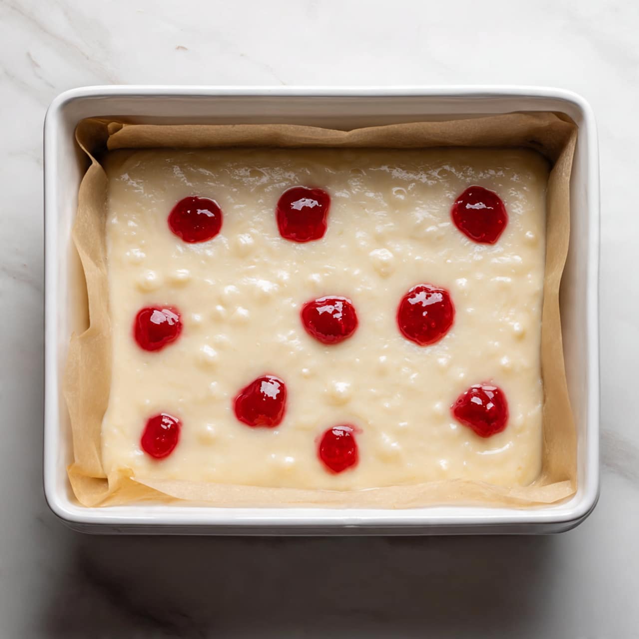 A white square baking dish lined with light brown parchment paper holds an uncooked batter layer that is smooth and creamy white with some bubbles on the surface. Scattered evenly on top are dollops of deep red jam, each with a slightly shiny and thick texture. The baking dish is placed on a white marbled surface. photo taken with an iphone --ar 4:5 --v 7