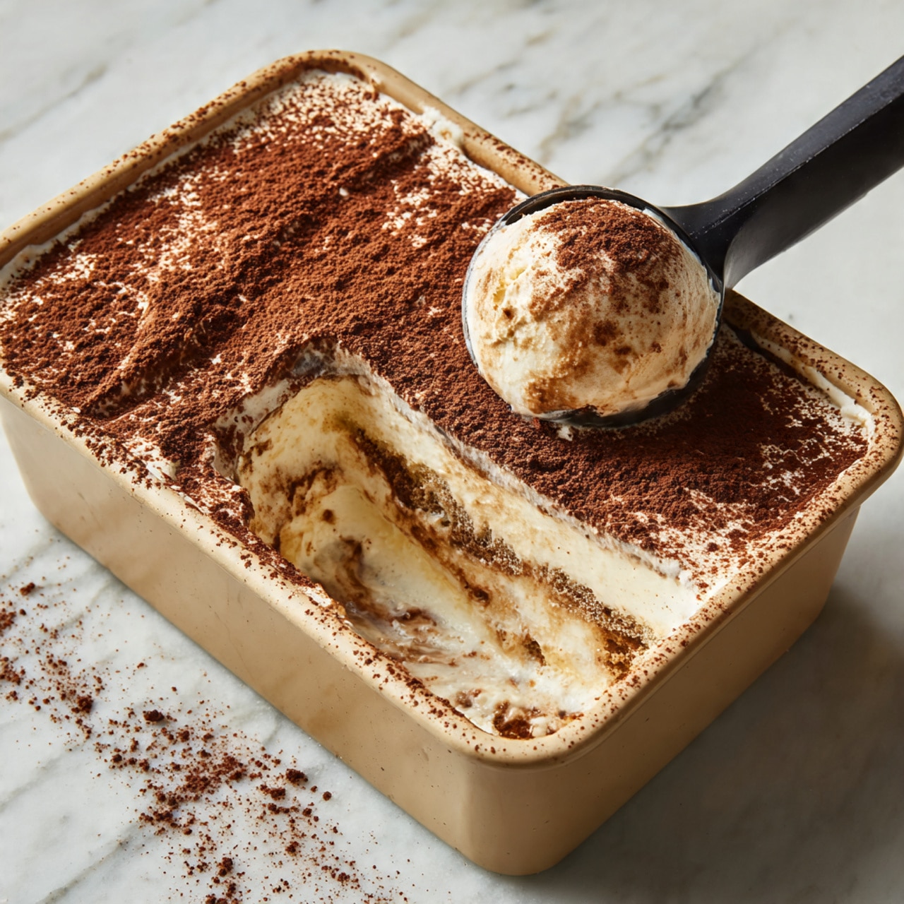 A rectangular beige container holds a creamy dessert with three visible layers: the bottom layer is off-white cream, the middle layer is a light brown soft mixture with specks, and the top layer is a generous dusting of dark brown cocoa powder covering most of the surface except for a few creamy patches. A black scoop lifts a rounded portion from the center, showing a mix of the creamy and brown layers dusted with cocoa powder. The container sits on a white marbled surface, with some crumbs and cocoa powder scattered around. photo taken with an iphone --ar 4:5 --v 7