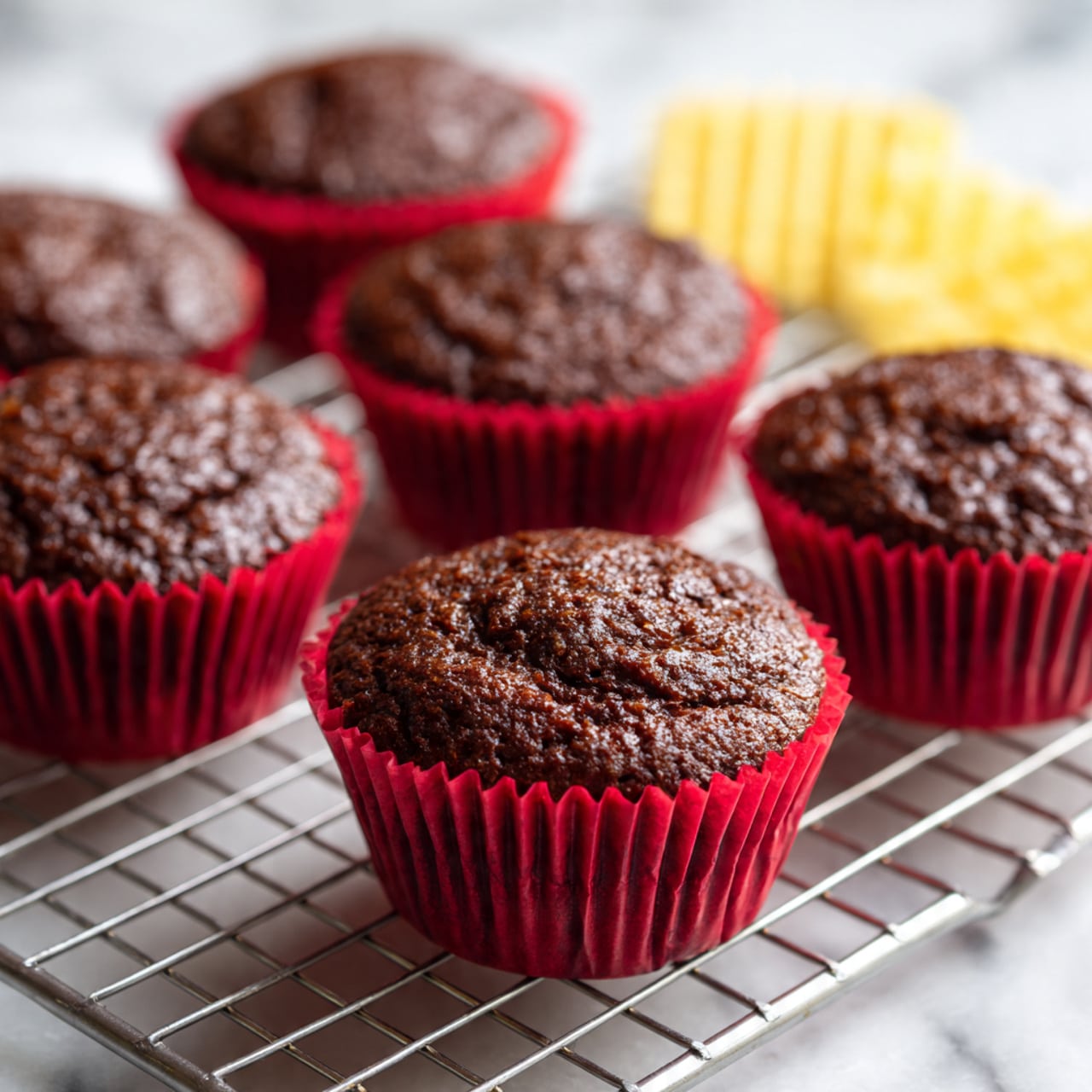 The image shows several chocolate muffins, each in a bright green foil cupcake liner, arranged on a metal cooling rack over a white marbled surface. The muffins have a slightly cracked, shiny dark brown top layer with a textured, moist appearance. The green liners provide a vivid contrast to the deep brown muffins. In the bottom right corner, part of a light yellow ridged potato chip is visible, adding an extra element to the scene. The overall look is fresh and appetizing, with the muffins evenly spaced in the frame. Photo taken with an iphone --ar 4:5 --v 7
