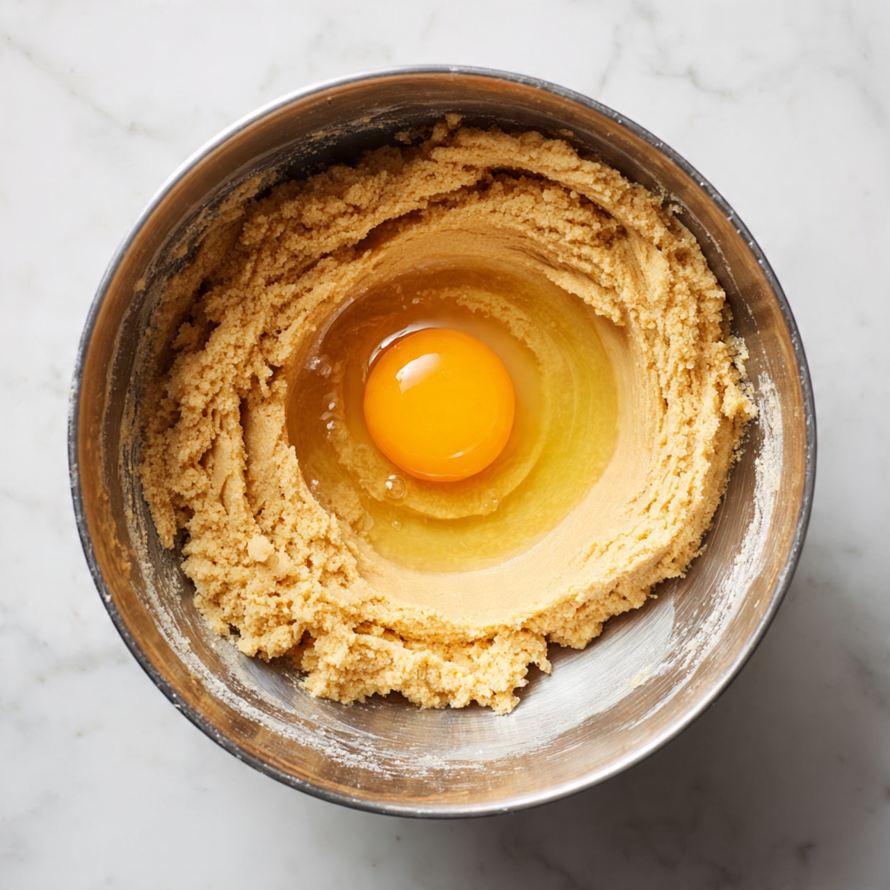 Inside a silver mixing bowl, there is a thick layer of light brown dough pressed around the edges, with a raw egg yolk sitting in the center. Surrounding the egg yolk is a ring of translucent liquid, likely egg white. The dough has a slightly grainy texture and fills most of the bowl’s bottom. The bowl is on a white marbled surface. Photo taken with an iphone --ar 4:5 --v 7