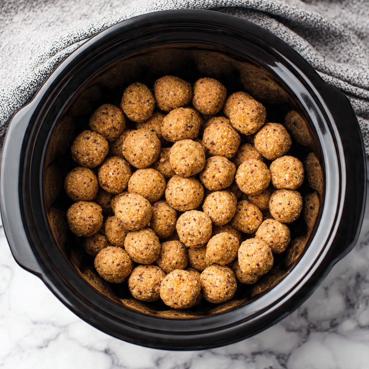 A top view of a black slow cooker filled with many small, round, light brown balls that have a slightly rough texture and some visible small darker spots, all packed closely together inside the cooker, placed on a white marbled textured surface photo taken with an iphone --ar 4:5 --v 7