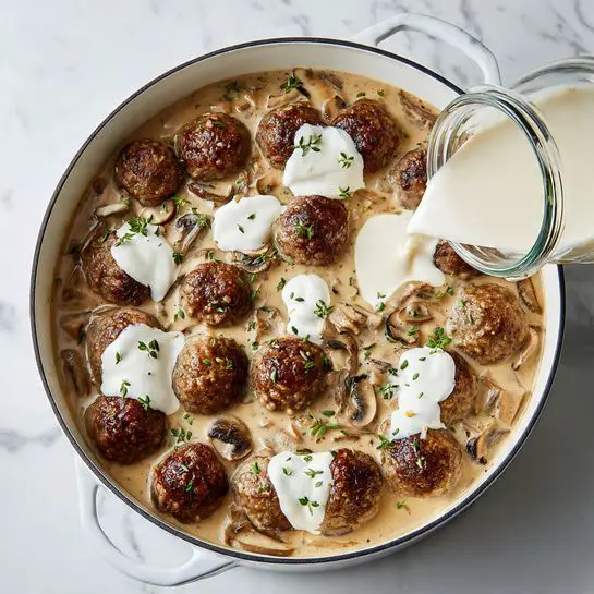 A white round pot filled with a creamy sauce base that is light brown with specks of herbs and thin mushroom slices scattered throughout. On top of the sauce, there are 15 browned meatballs spread evenly around the pot. Dollops of smooth white cream are placed randomly over the meatballs and sauce, with a small clear glass jar pouring more white cream into the pot from the bottom right side. The pot is set on a surface with a white marbled texture photo taken with an iphone --ar 4:5 --v 7