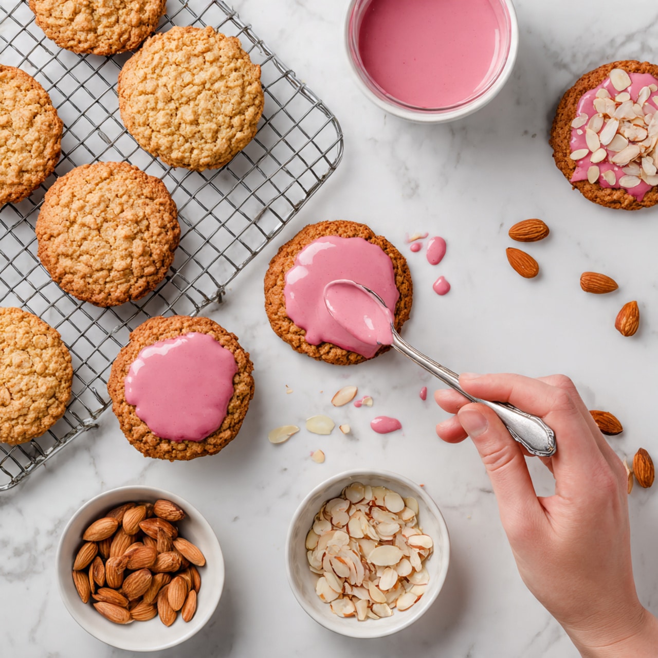 The image shows a cooling rack with oatmeal cookies on top placed on a white marbled surface. Some cookies are plain golden-brown with a rough texture, while others are covered with a shiny pink glaze on the top layer, garnished with toasted almond slices. A spoon with pink glaze is being held above one cookie by a woman's hand, spreading the glaze. Nearby, there are two small white bowls: one with more pink glaze and one filled with toasted almond slices. Some almonds and drops of pink glaze are scattered around the cookies and on the white marbled surface. Photo taken with an iphone --ar 4:5 --v 7