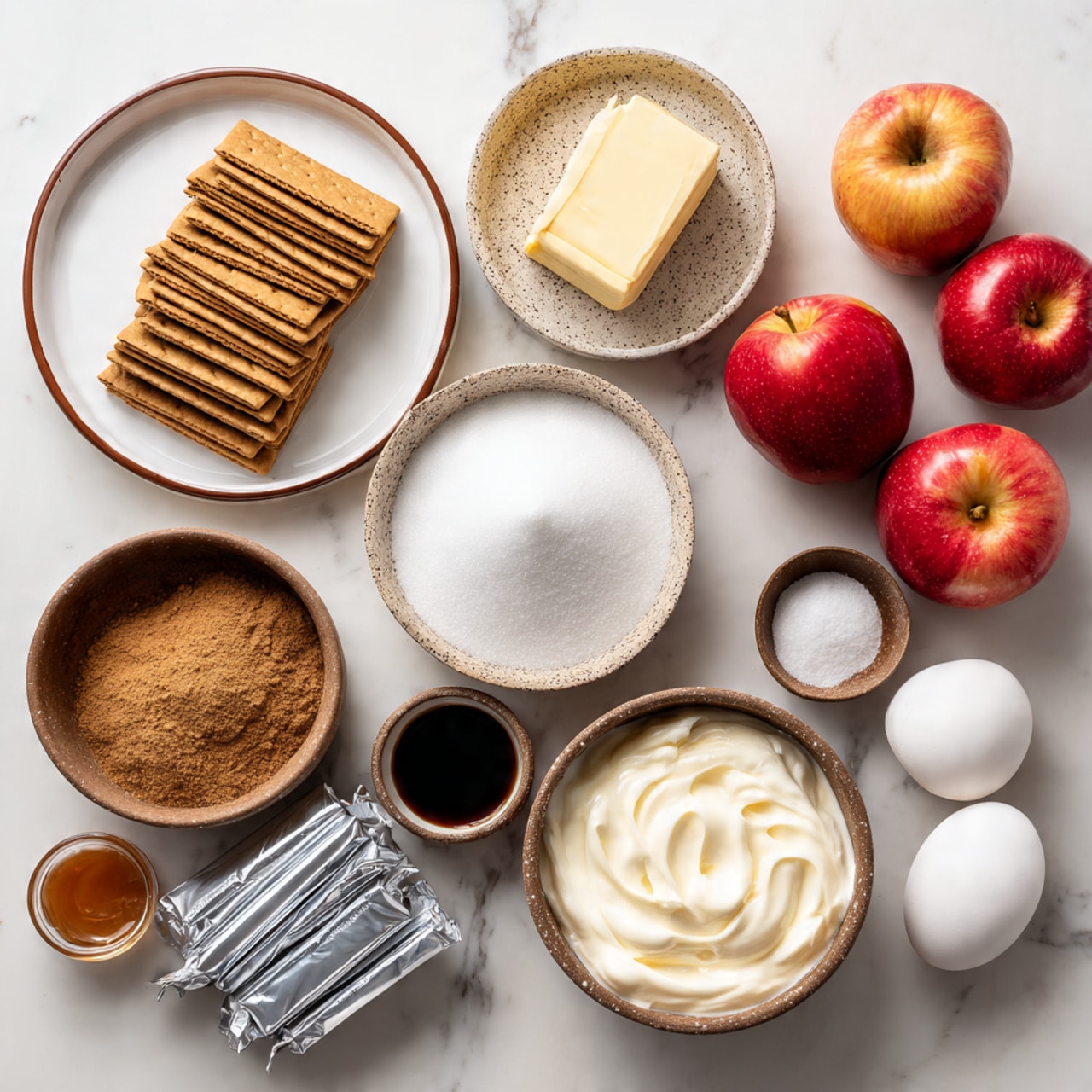 The image shows arranged ingredients on a white marbled surface for a dessert. In the top left, there is a white plate with a brown rim holding square graham crackers stacked in a row, a wrapped stick of butter with blue and white packaging, and a small bowl of cinnamon powder. To the right, there are three bright red apples. Below the apples, a speckled white bowl filled with white granulated sugar is placed next to a round brown plate with two white eggs and a small white bowl full of brown sugar. Near the center below the butter, there are two silver packages wrapped side by side. At the bottom center, a rustic brown bowl contains creamy white yogurt, a tiny bowl with dark vanilla extract and a smaller bowl with white salt are visible. On the bottom left, there's a jar of caramel sauce. The scene is simple with clear details and soft natural lighting, photo taken with an iphone --ar 4:5 --v 7