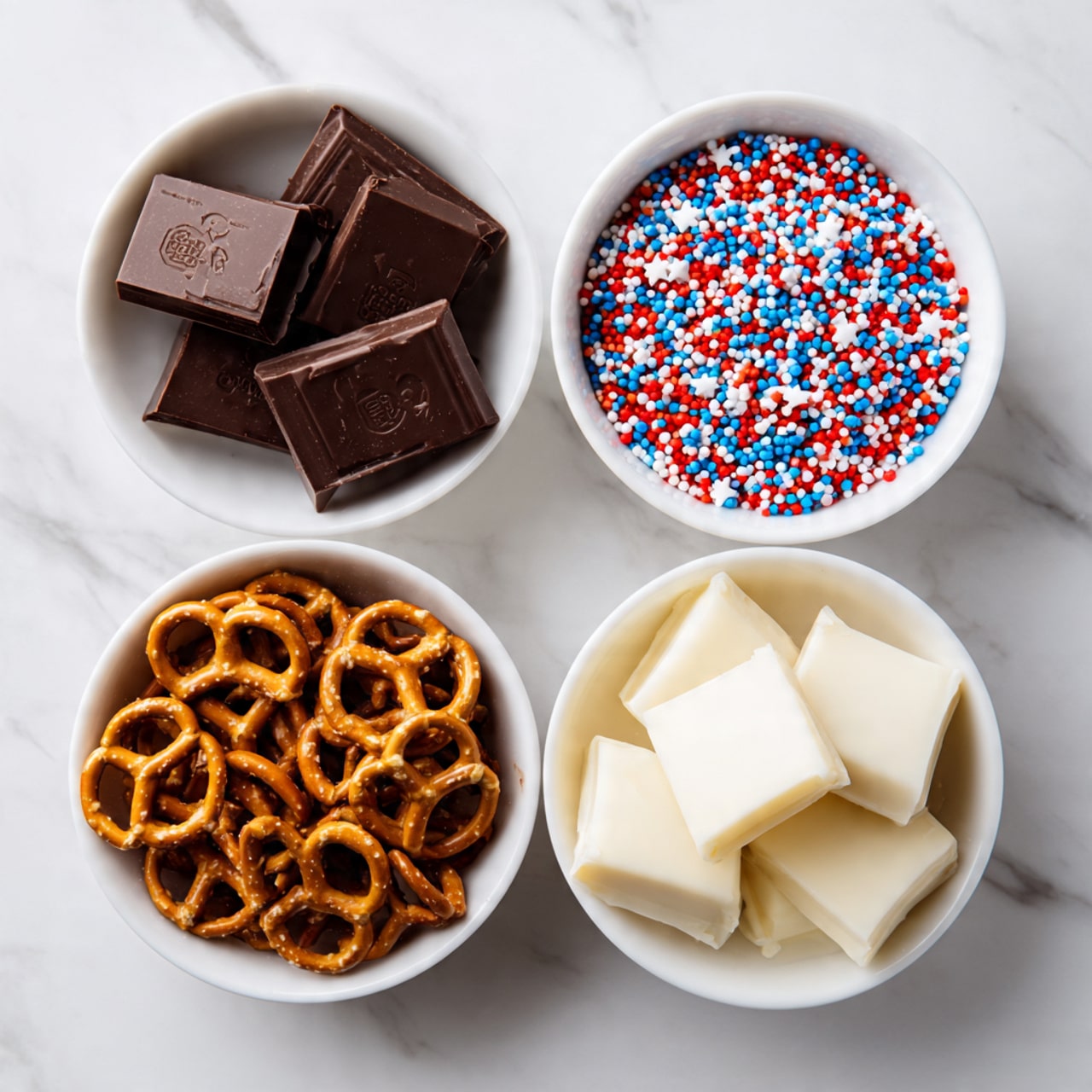 The image shows four white plates placed on a white marbled surface. The top left plate holds stacked dark chocolate bars with clear imprints and a smooth texture, showing the chocolate’s rich dark brown color. The top right plate is filled with tiny, round, colorful sprinkles in shades of red, blue, yellow, green, and white, creating a lively, textured look. The bottom left bowl contains twisted, golden brown pretzels with small salt crystals, giving a crunchy texture and warm color. The bottom right plate holds broken pieces of creamy white chocolate bars with smooth, shiny surfaces and embossed patterns. Photo taken with an iphone --ar 4:5 --v 7