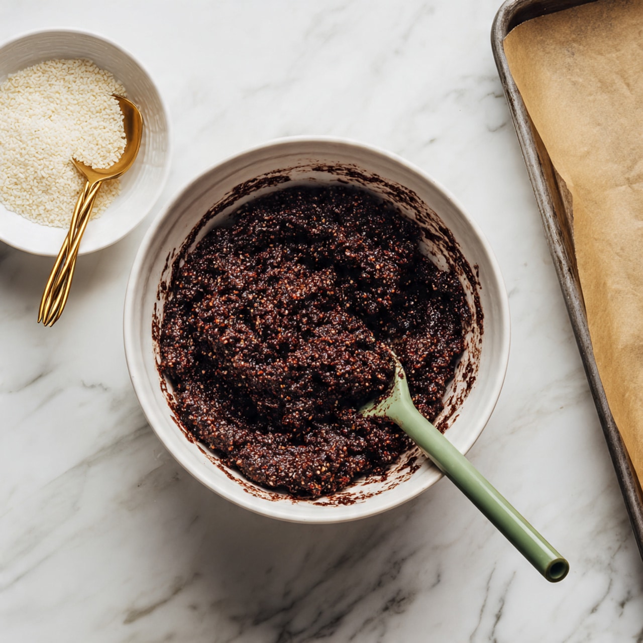 A white bowl filled with a dark brown, thick mixture that looks grainy and sticky, with a textured surface, is placed on a white marbled surface. Inside the bowl is a green spatula partially covered in the same mixture, resting against the side. Next to the bowl is a small white dish holding a golden spoon with a twisted handle, containing white granules. A metal baking tray lined with parchment paper is positioned to the right on the same white marbled surface. The photo taken with an iphone --ar 4:5 --v 7