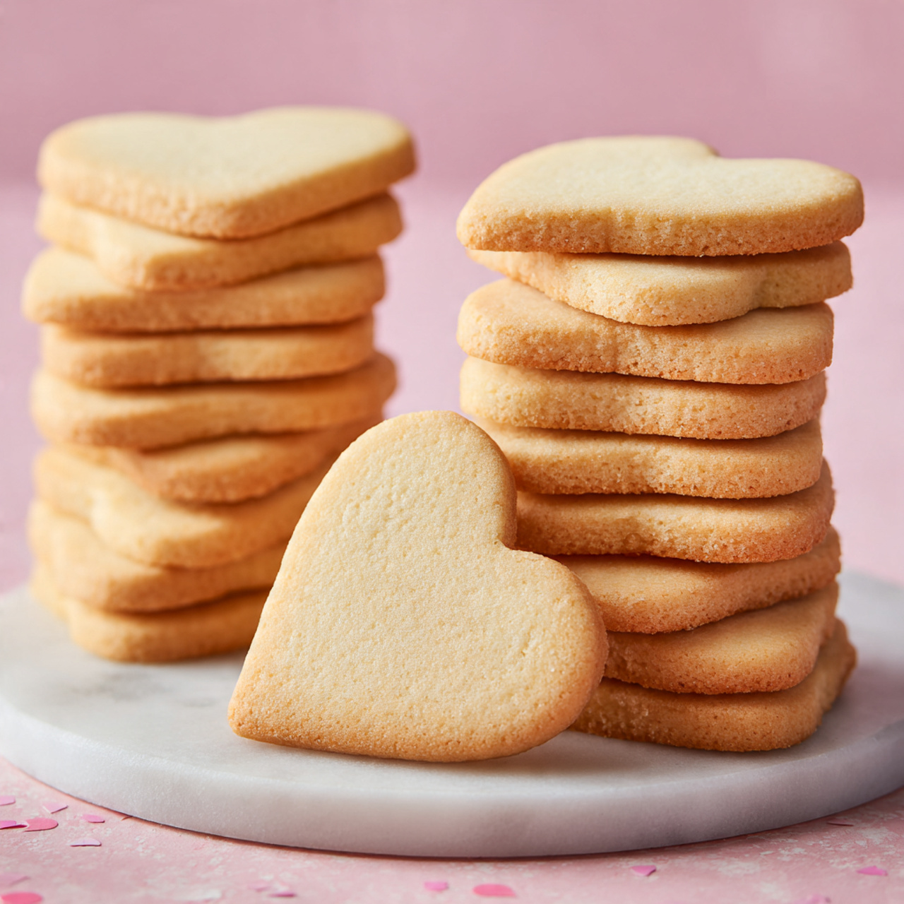 Cut-Out Sugar Cookies Recipe 5 The image shows many heart and star shaped sugar cookies on a white marbled surface. Each cookie has a thick base layer of smooth white icing, often topped with small, round, multicolored sprinkles. Most cookies have an extra layer of decorative frosting in bright colors including swirled pink, blue, and purple, forming rosettes, ruffles, and stars. Some cookies feature simple white piped dots and stars around the colorful frosting. The overall look is festive with vibrant frosting contrasting the white base and soft beige cookie edges. photo taken with an iphone --ar 4:5 --v 7