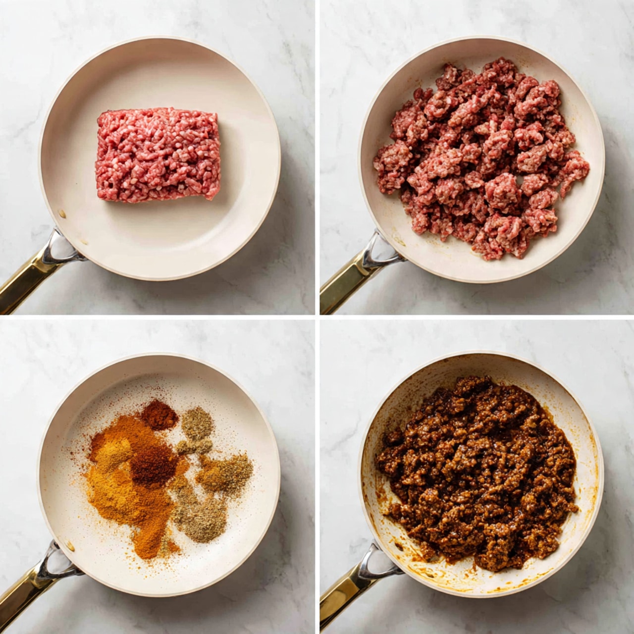 The image shows a four-step cooking process of seasoned ground meat in a white pan on a white marbled surface. The first step is a layer of raw ground meat with a light pink and soft texture. The second step is the cooked ground meat, now brown and crumbly, spread evenly in the pan. The third step adds a heap of reddish-orange powdered spices on top of the browned meat, with some steam rising. The final step is the fully mixed and cooked meat, deeply brown and coated evenly with the spices, making the texture look thick and rich. photo taken with an iphone --ar 4:5 --v 7