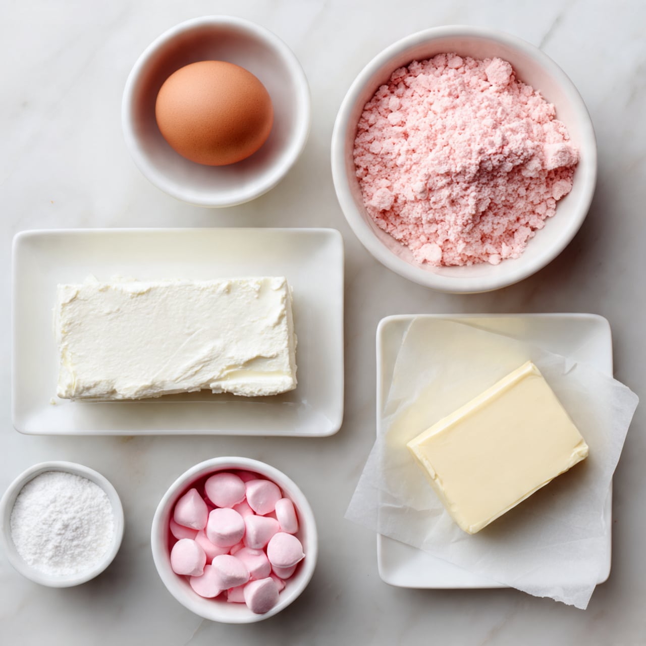 The image shows a stack of round pink cookies arranged on white parchment paper over a metal rack. Each cookie has one smooth, round pink candy placed right in the center, with a slightly shiny surface and a pointed tip, creating a small peak. The cookies have a cracked texture with lighter pink highlights, giving them a soft, crumbly look. Around the rack, there are a few whole and sliced strawberries partly visible on a white marbled surface. The scene is bright and clean with a soft light enhancing the delicate colors of the cookies and strawberries. photo taken with an iphone --ar 4:5 --v 7