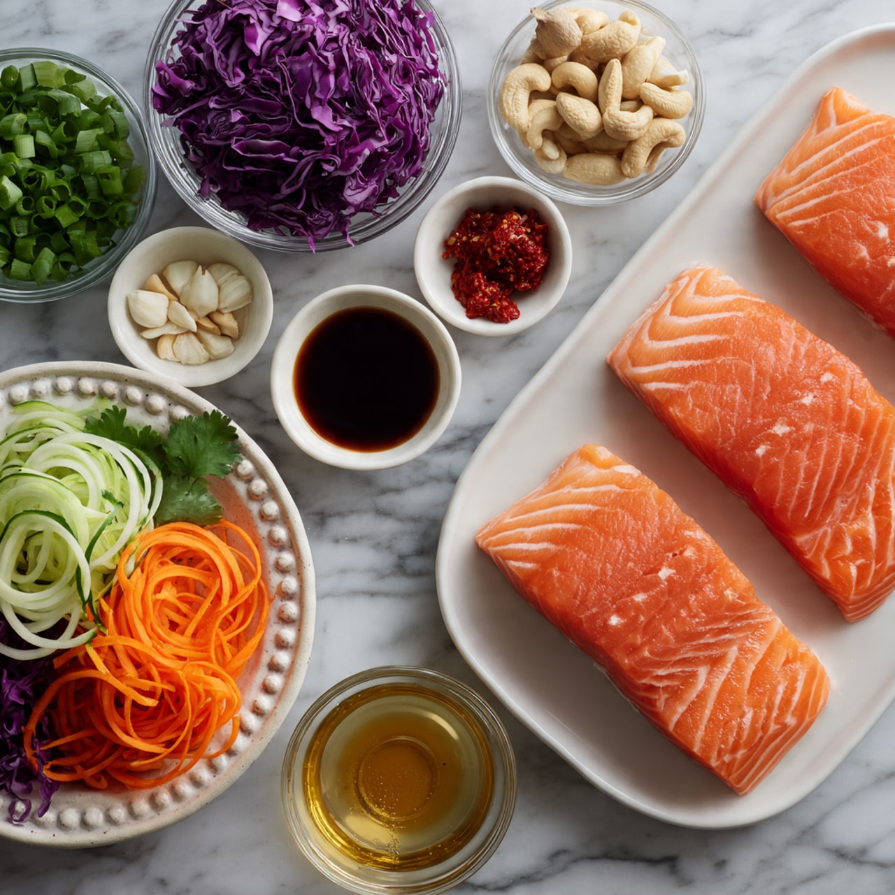 The image shows a white oval dish filled with four pieces of bright orange salmon fillets. The salmon is covered in a thick, glossy dark brown sauce with small bits of garlic or spices scattered on top. The fillets are neatly arranged side by side, partially submerged in the sauce. Around the dish, there are small bowls containing light brown cashews, green leafy herbs, and sliced orange vegetables. The background is a white marbled surface. photo taken with an iphone --ar 4:5 --v 7