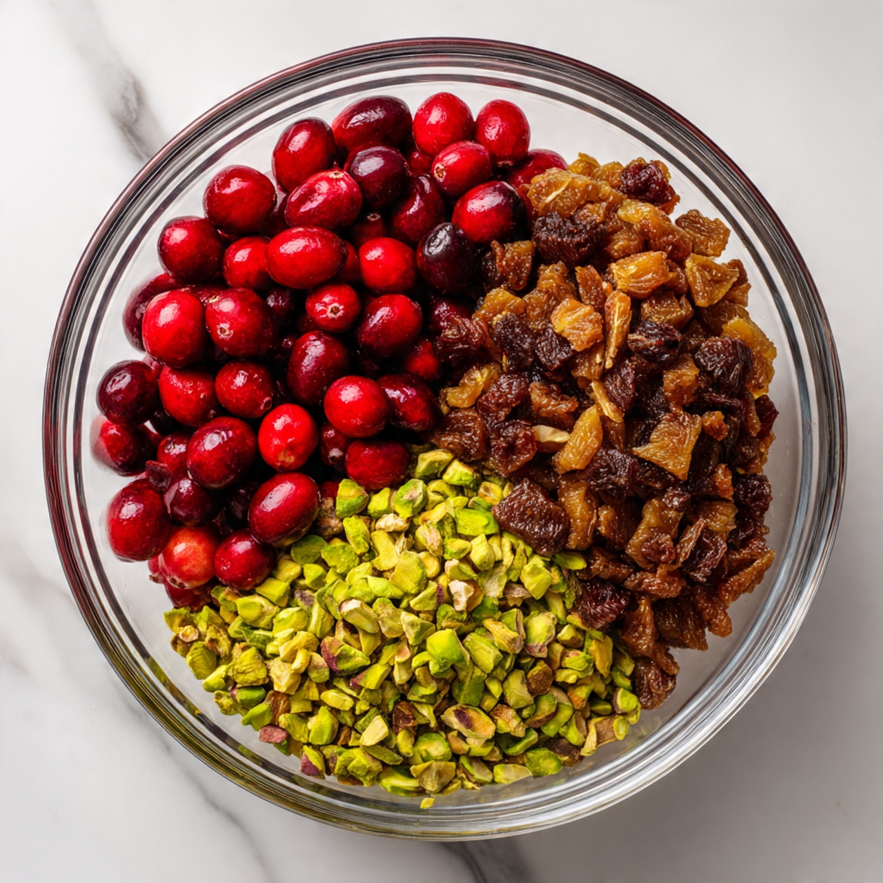 The image shows a loaf cake with one slice cut and laid in front. The cake has three main layers: a golden-brown crust on top and bottom, and a light yellow inside filled with bright red berries and green nuts scattered throughout. The top is drizzled with white icing and sprinkled with chopped green nuts, adding texture and color contrast. The cake sits on white parchment paper on a white marbled surface. A red berry and a dried fruit are placed near the cake, and small white bowls with red berries and green nuts are slightly blurred in the background. Photo taken with an iphone --ar 4:5 --v 7