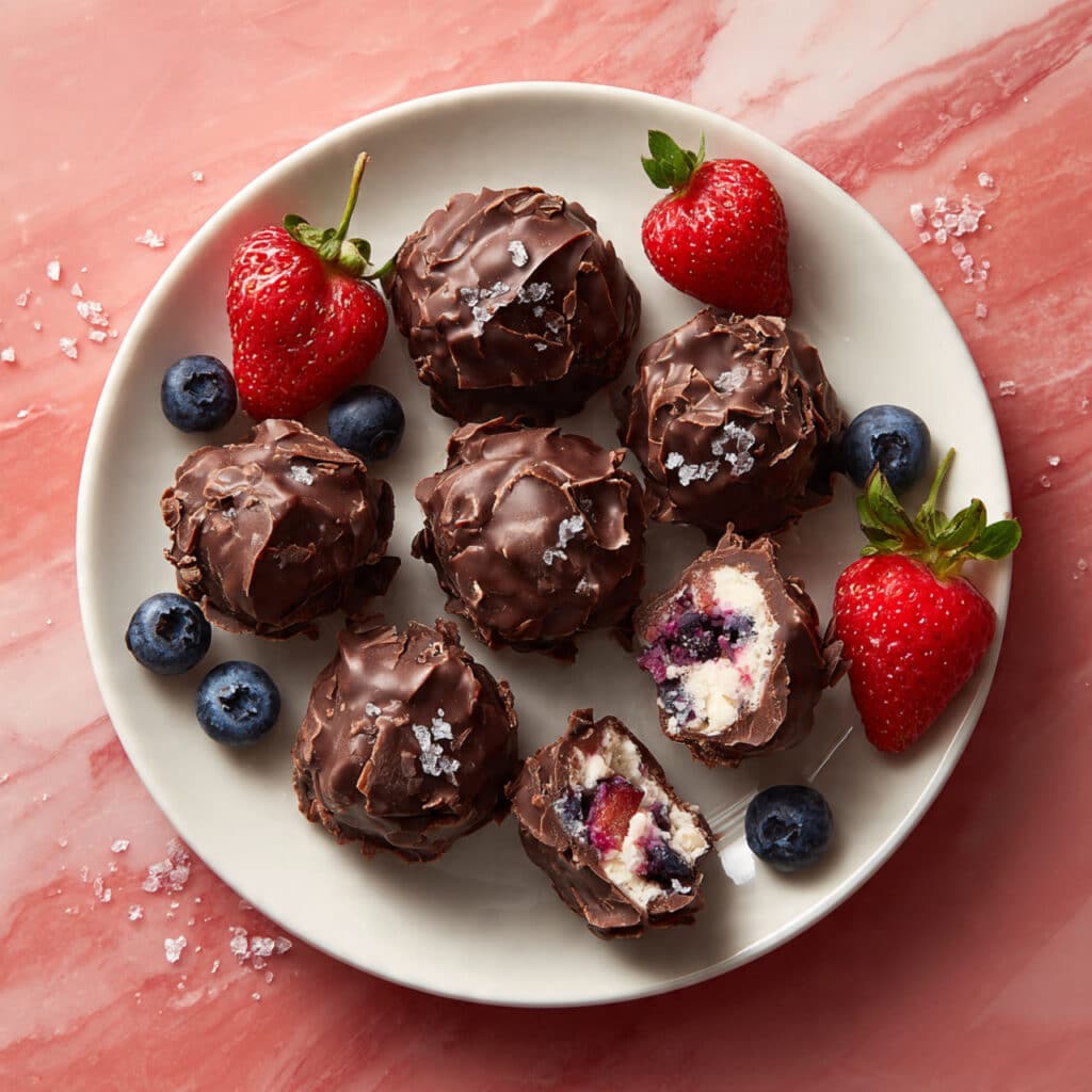 Frozen Berry Yogurt Bites with Chocolate, Peanuts, and Sea Salt Recipe