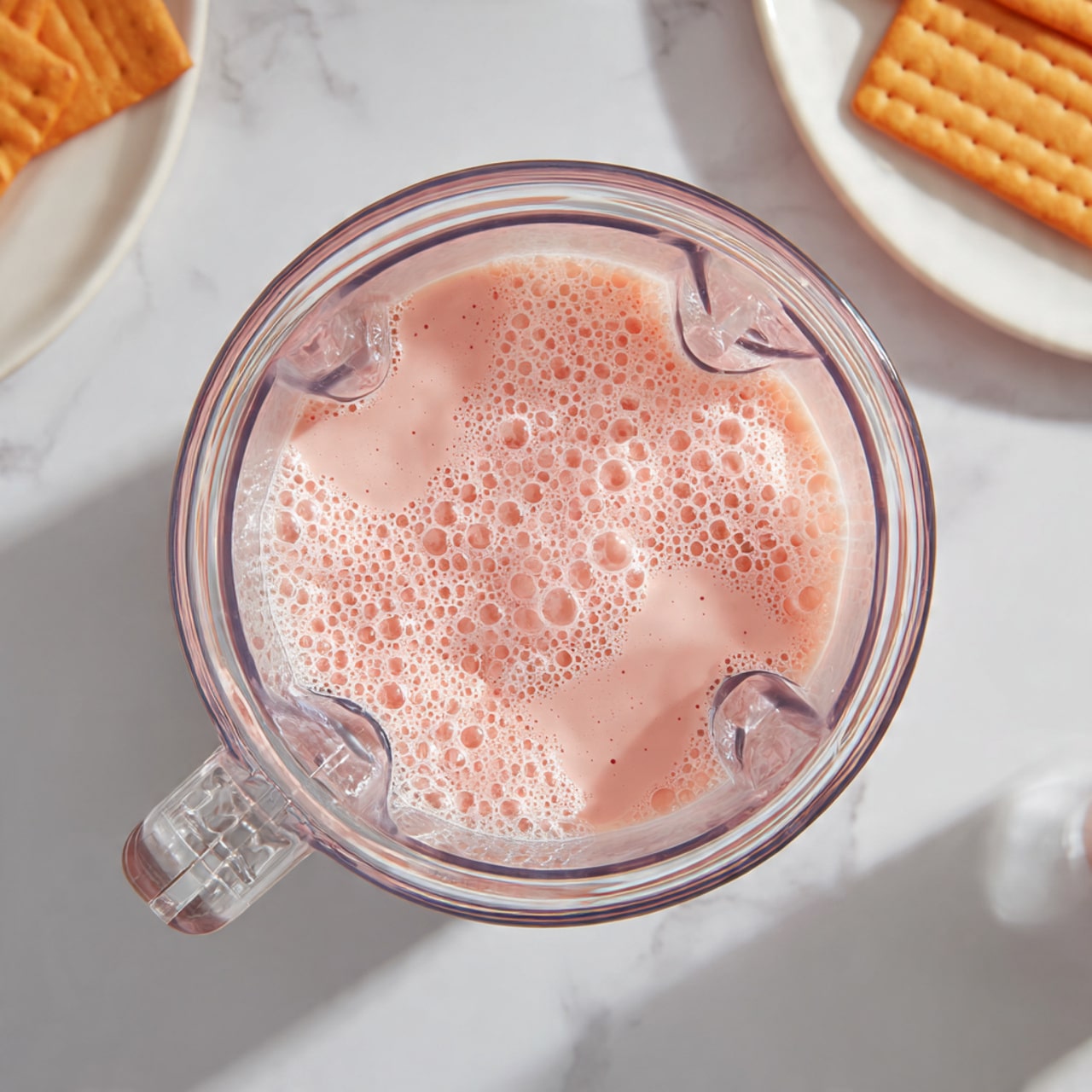 A top view of a blender jar filled with a light pink foamy liquid, showing small bubbles all over the surface, sitting on a white marbled surface. The blender jar is transparent with white detail on the handle. In the upper left corner, there is a white plate with orange crackers partially visible. A large white circle with the black number 2 is placed near the top left side of the blender jar. Photo taken with an iphone --ar 4:5 --v 7