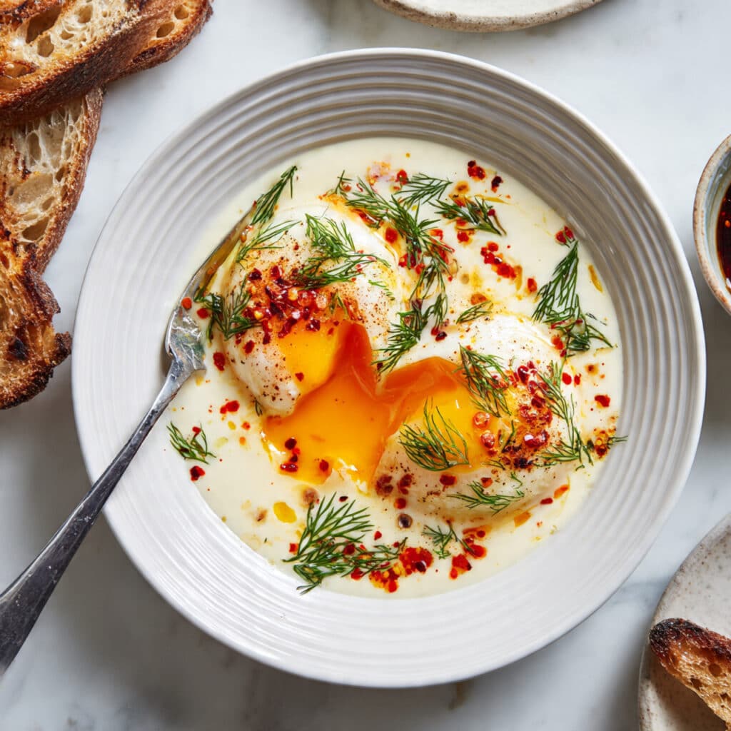 Turkish Poached Eggs (Cilbir) with Garlic Yogurt and Spicy Chili Oil Recipe