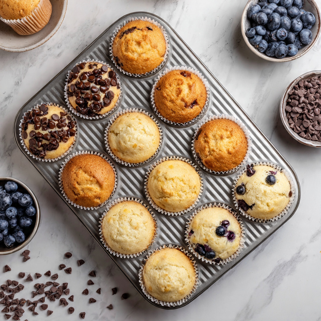 The image shows a silver metal muffin tray with twelve spaces, each lined with white paper liners. The muffin batter inside is light beige and fills each liner about three-quarters full. Four muffins, arranged in the left column, have dark brown chocolate chips scattered on top, creating a textured look with irregular shapes. The middle column muffins are plain, showing just smooth, creamy batter with a few small air bubbles. The right column muffins have fresh blueberries scattered on top, adding pops of deep blue and purple color. The tray is placed on a white marbled surface, with small bowls of chocolate chips and blueberries nearby, along with a few loose blueberries and chocolate chips scattered around. photo taken with an iphone --ar 4:5 --v 7