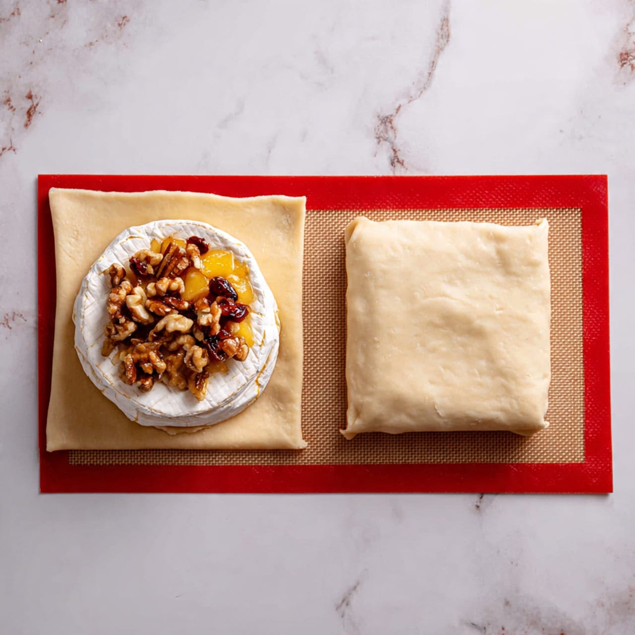 The image shows two square pieces of light brown dough on a white marbled surface with a red-edged silicone baking mat underneath. On the left dough square, there is a round white soft cheese wheel cut into two layers; between these layers sits a middle filling of yellow cooked fruit pieces and small brown nuts. The right dough square is plain with no toppings. photo taken with an iphone --ar 4:5 --v 7