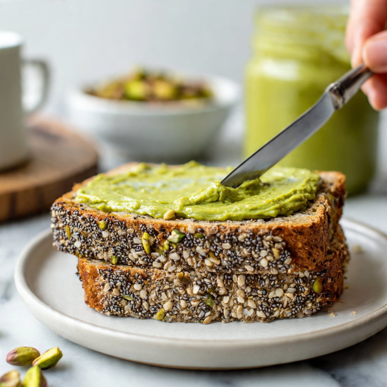 A thick, smooth green sauce with a glossy texture is being poured from a clear food processor bowl into a small, clear glass jar. The jar has about one layer of the green sauce at the bottom, with ridges forming as the sauce is poured. A woman's hand holds the side of the food processor bowl while another woman's hand uses a green spatula to guide the sauce. The background and surface are white with a marble texture. photo taken with an iphone --ar 4:5 --v 7