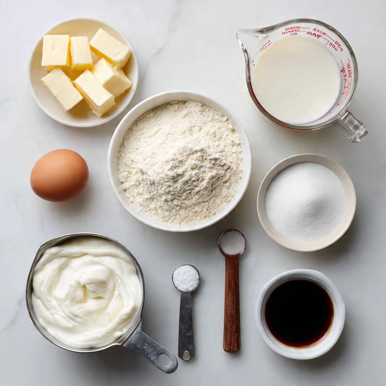 The image shows eight baking ingredients arranged neatly on a white marbled surface. In the top left are three pale yellow solid butter pieces in a small white bowl. To the right is a clear glass measuring cup filled with milk, with red measurement marks on the side. Below the butter is a white bowl filled with light beige flour. To the right of the flour is a small white bowl with white granulated sugar. Below the flour near the bottom left is a brown egg placed directly on the surface. Just below the egg is a metal measuring cup filled with thick white sour cream. To the right of the sour cream is a wooden-handled measuring spoon with a small amount of white powder, likely salt. Above and to the right of the spoon is a small white bowl with dark brown vanilla extract. Lastly, at the bottom right is a small white bowl with white baking powder. photo taken with an iphone --ar 4:5 --v 7