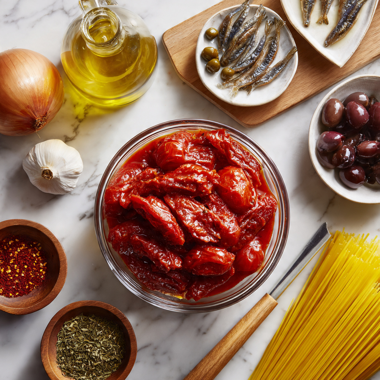 A clear glass bowl filled with bright red peeled whole tomatoes in tomato juice sits on a white marbled surface. To the left, uncooked yellow spaghetti strands lay flat and parallel, stretching upward. Above the bowl, there are small bowls and containers on a wooden cutting board: a small white dish holds brown anchovy fillets, a small glass bowl is filled with dark purple sliced olives, and a tiny white container has green capers. Nearby, a whole brown shallot, a bulb of white garlic, a wooden dish of red chili flakes, and a small wooden bowl with dried oregano sit on the surface. A round glass bottle of golden olive oil is also placed on the white marbled surface. photo taken with an iphone --ar 4:5 --v 7