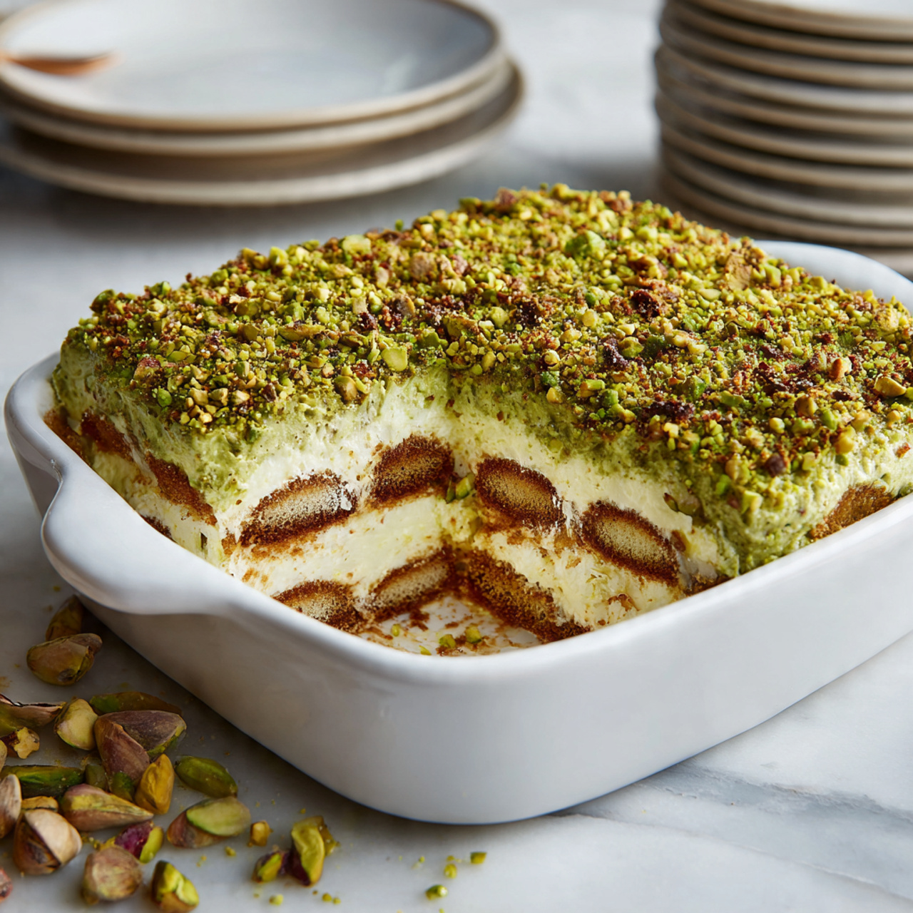 A white ceramic dish holds a layered dessert visible from the side, showing at least four layers alternating between light brown soft cake or biscuit and creamy pale yellow filling. The top layer is a thick, pale yellow cream covered with a generous sprinkling of chopped pistachios, giving a crunchy green and light brown texture. A small section is cut out, revealing the inner layers clearly. The dish is placed on a white marbled surface, with some chopped pistachios scattered around. In the background, stacked white plates are softly blurred. Photo taken with an iphone --ar 4:5 --v 7