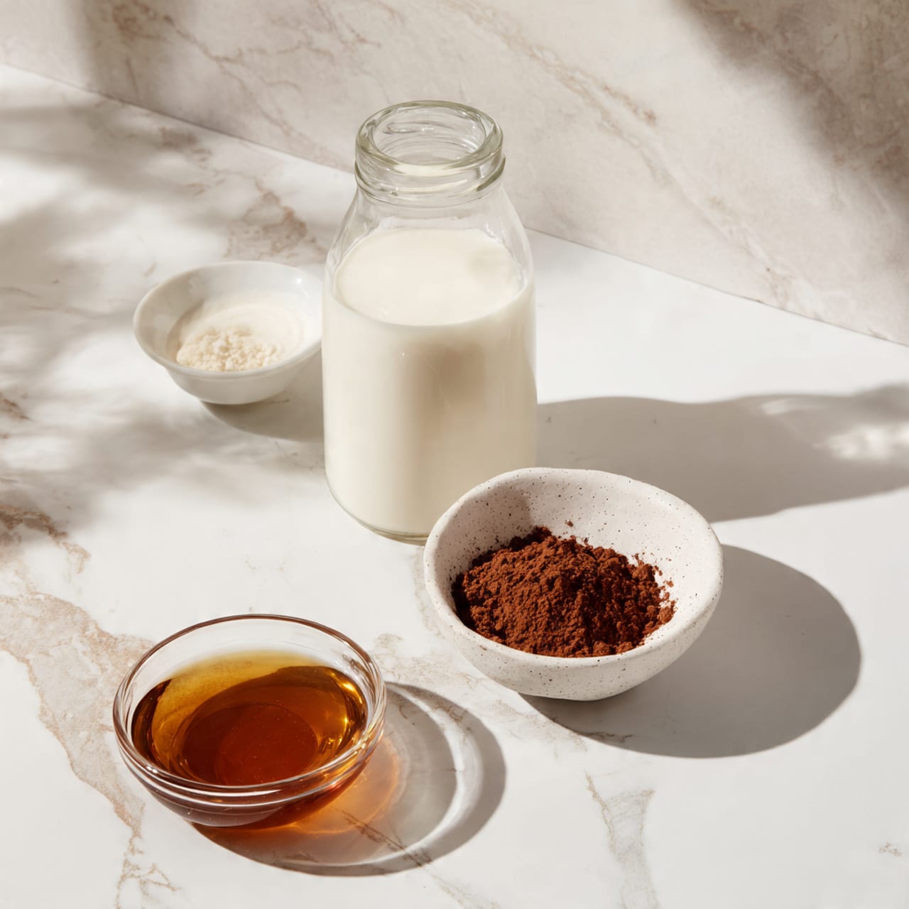 A clear glass cup with vertical ridges is placed on a speckled white plate, with a worn silver spoon resting beside it. From a black pot above, smooth, light brown hot chocolate pours into the cup, filling it partway. The scene is set on a white marbled textured surface, with a blurred white and blue tile pattern in the background. photo taken with an iphone --ar 4:5 --v 7