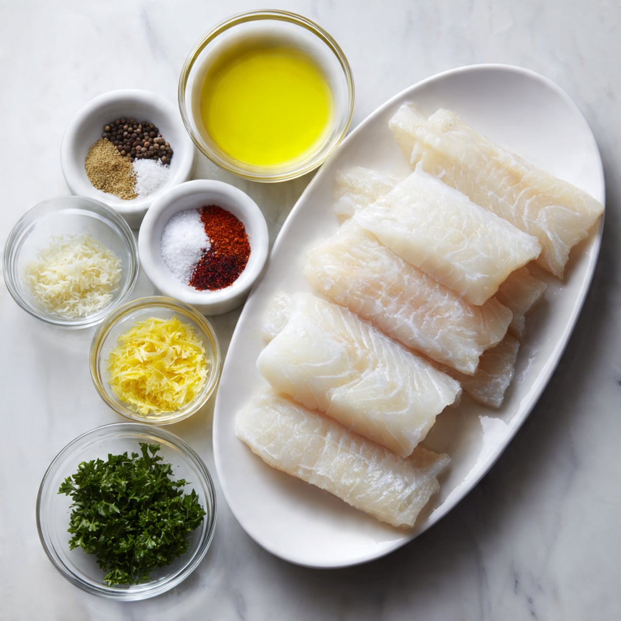 The image shows four pieces of cooked fish with a golden-orange seasoning on top, arranged closely together in a shallow white bowl. Each fish piece has a slightly crispy, textured surface with visible spices. Two lemon slices rest on two different pieces, adding a bright yellow contrast with some fresh green chopped herbs sprinkled over the fish and the bowl. A light sauce pools at the bottom, giving a shiny, moist look to the fish. The bowl is set against a white marbled surface. photo taken with an iphone --ar 4:5 --v 7