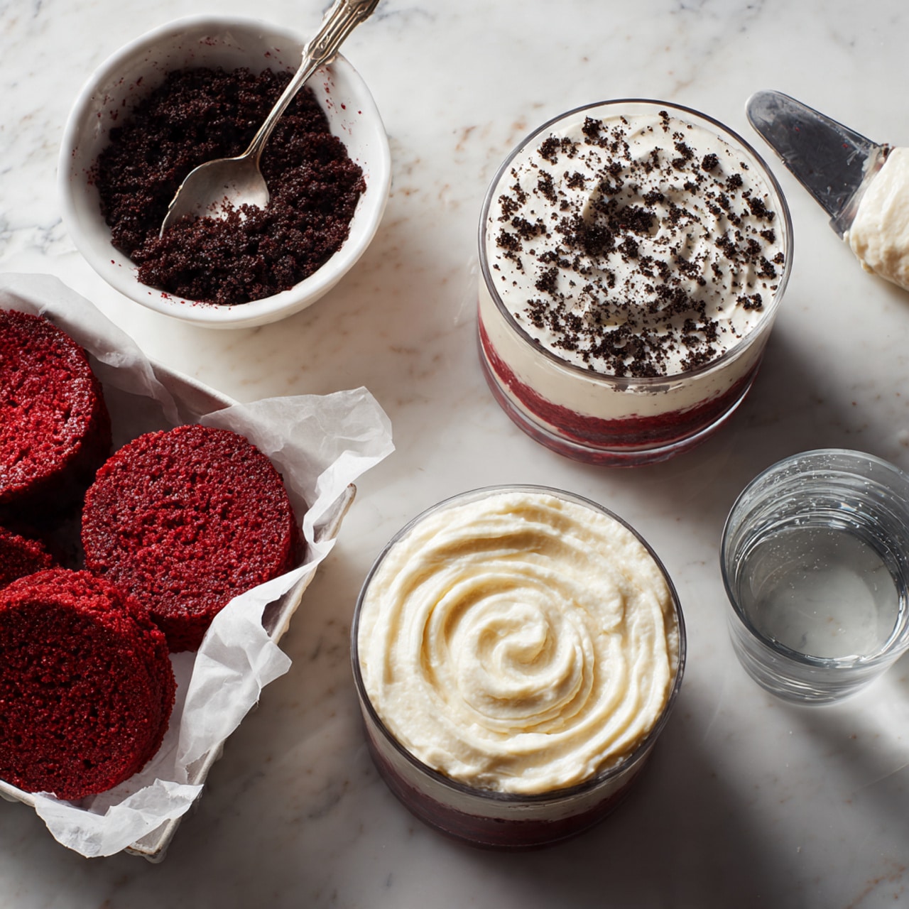 A top view of various baking ingredients arranged neatly on a white marbled surface. From top left to bottom right, there is a small glass bottle with a cork, a small white bowl filled with broken chocolate sandwich cookies, a small white bowl of fresh red strawberries with green leaves, a small white bowl of milk, a white plate with a large block of white cream cheese placed slightly left of center, a pink measuring cup filled with cocoa powder just to the right of the cheese, a white bowl filled with white flour next to the cocoa powder, a white bowl filled with two brown eggs below the flour, a small white bowl of thick white cream to the bottom right, a dark bottle of vanilla extract with a red cap close to the cream, and an oval white dish holding a stick of pale butter near the bottom center. There is a crumpled soft pink cloth on the left side of the image. photo taken with an iphone --ar 4:5 --v 7