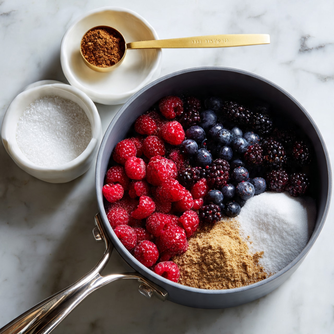 A grey pot filled with three main layers: a top right layer of bright red raspberries mixed with dark blackberries and blueberries, a bottom left layer of light brown sugar spices, and a middle left layer of white powdered sugar, all sitting on a white marbled surface. Above the pot are small white bowls and a gold measuring spoon with brown spice inside. The pot has a shiny silver handle facing forward. photo taken with an iphone --ar 4:5 --v 7
